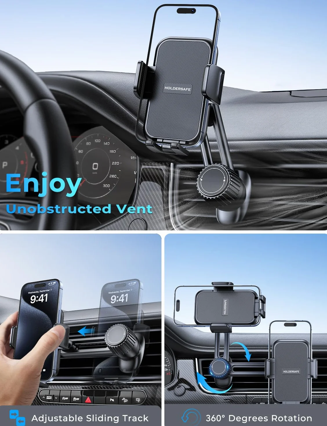 Soporte Móvil Coche Porta Teléfono 360° Rotación Liberación de un Botón para iPhone Samsung Huawei Xiaomi
