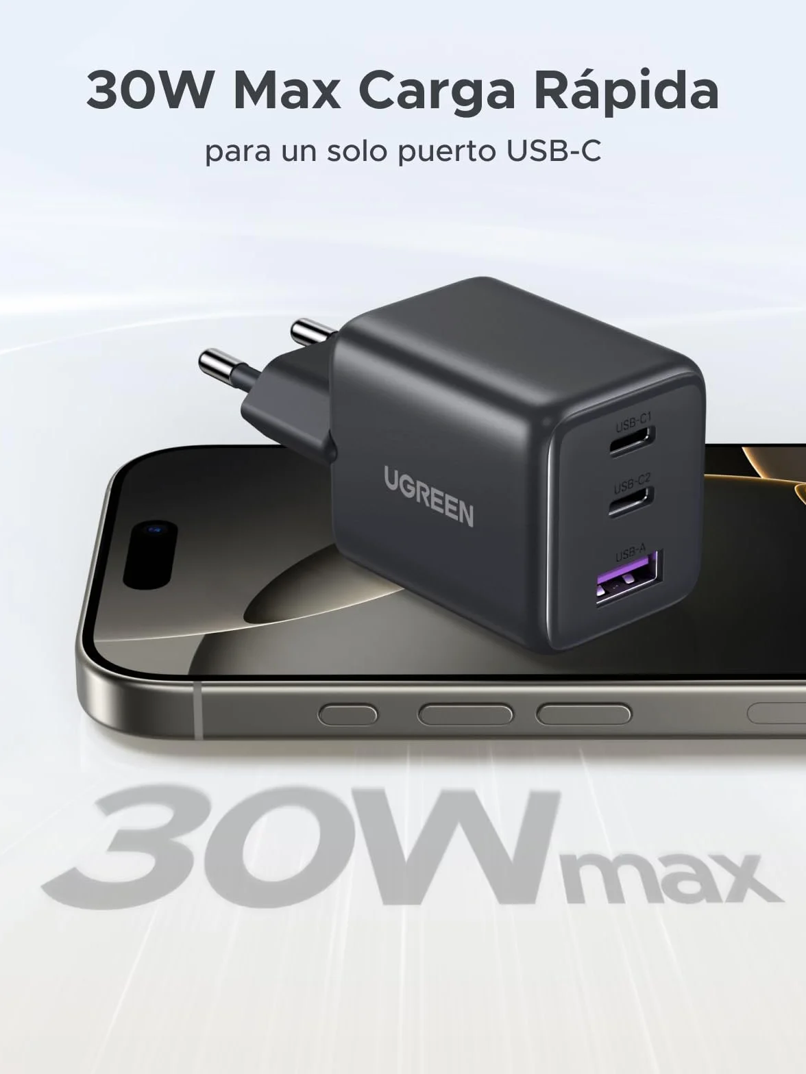 UGREEN Cargador USB C 30W GAN II 3 Puertos Carga Rapida iPhone 17 Pro MAX Air 16 15 14 Galaxy S26 S25 Ultra A57 A76 Pixel 10 9 8 iPad MacBook Air Negro