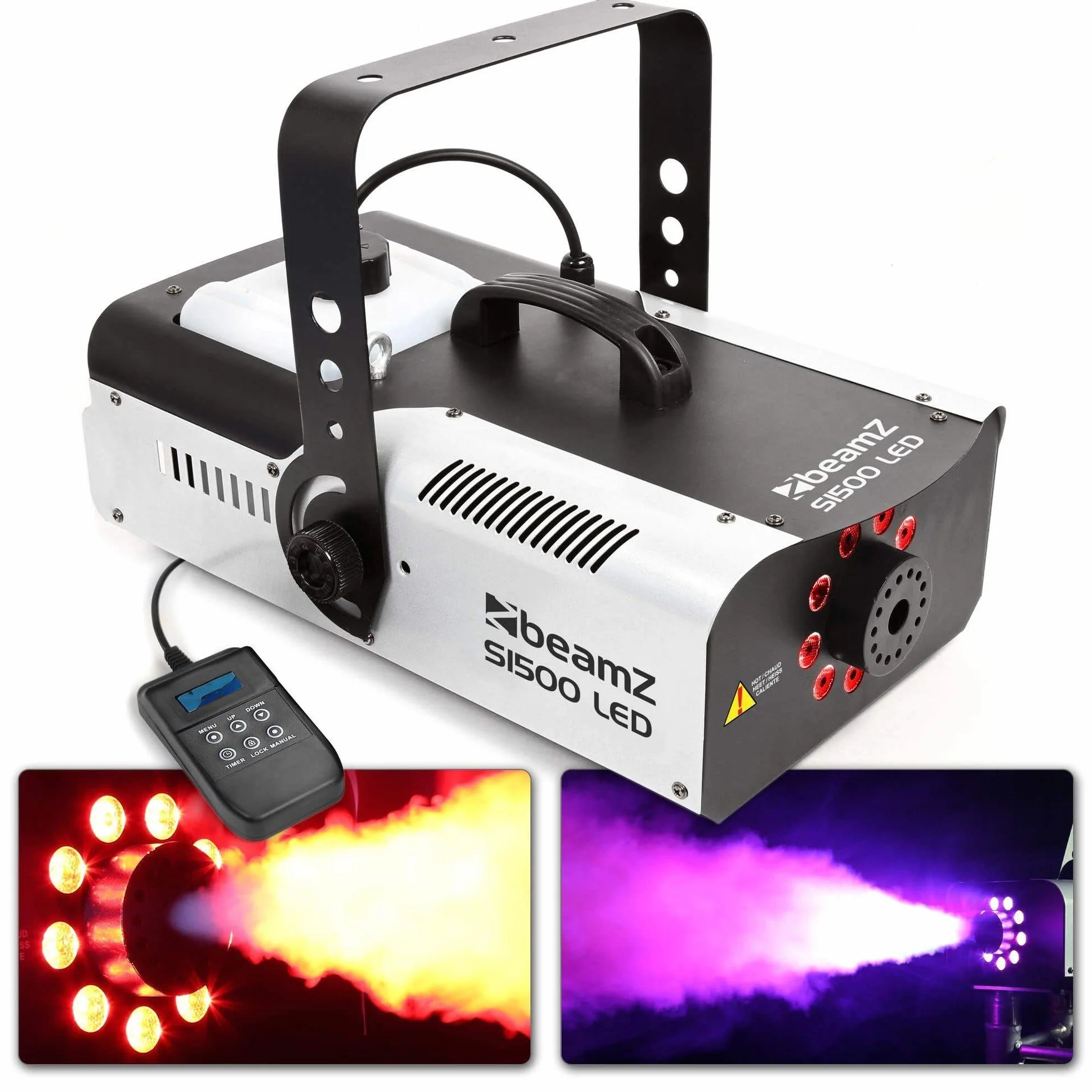 Beamz S1500 LED Máquina de Humo de 1500W con 9 Leds de 3W RGB, DMX de 6 canales, depósito de 2,5 litros, mando a distancia con cable de 3 metros y mando inalámbrico, maquina humo discoteca, halloween