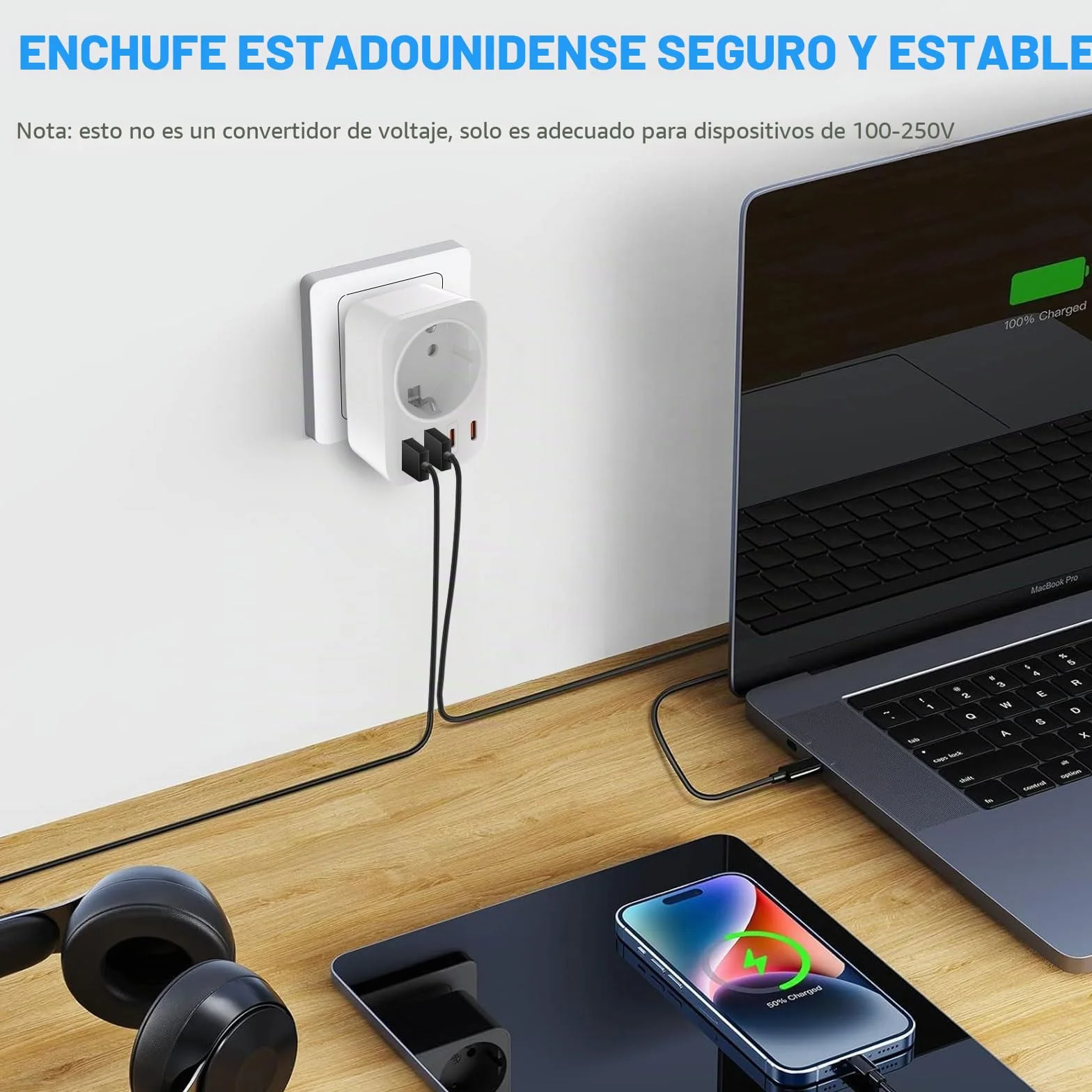 Adaptador Enchufe Europeo a Americano 5 en 1 USB C USB A Tipo B para EE. UU. Canadá México