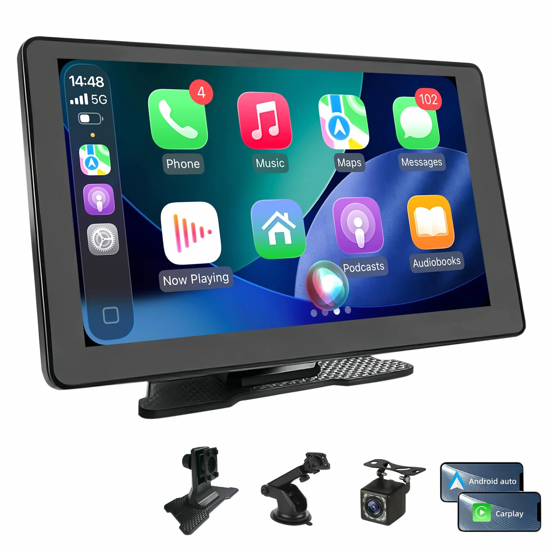 Pantalla Coche 9" con Carplay y Android Auto Inalámbrico - Pantalla Carplay con Cámara Trasera - Autoradio Portátil Car Play con FM Transmisor, AUX | Plug & Play para la Mayoría de Coches