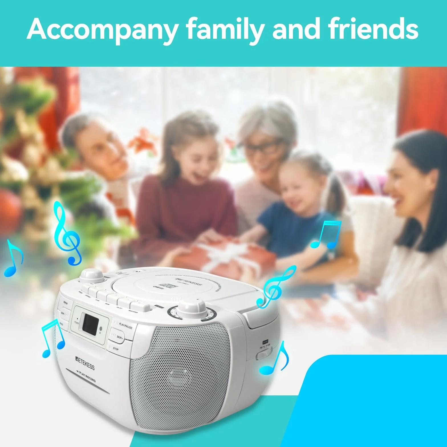 Retekess TR621 Radio CD Reproductor Boombox Stereo FM AM USB TF Grabación Control Remoto Blanco
