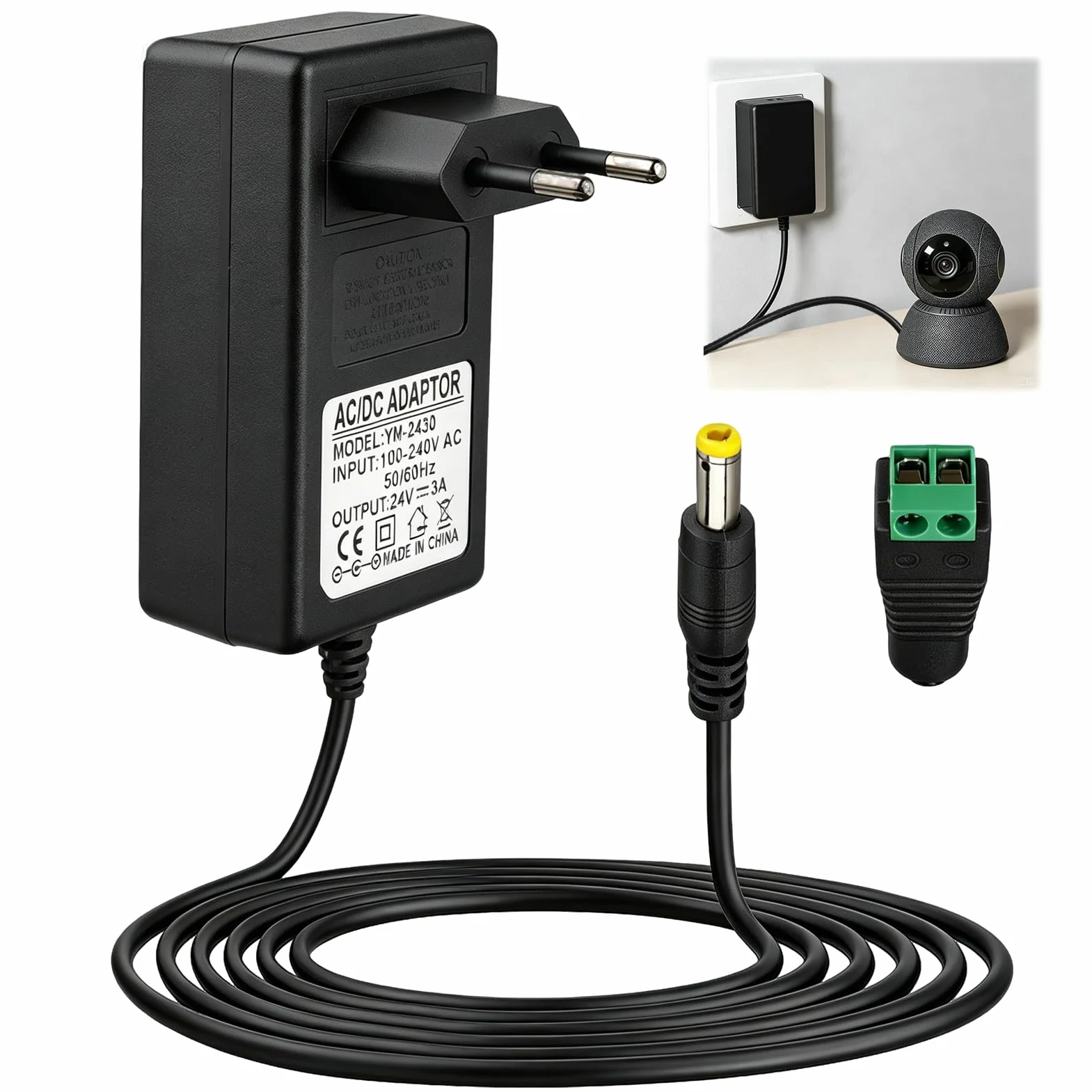 24V 3A Adaptador Fuente de Alimentación 72W, Transformador AC100-240V con Enchufe EU y DC Conector 5.5x2.5mm, Cargador para Tiras LED, Cámara CCTV, Router, Monitor, TV Box, 1.5M Negro
