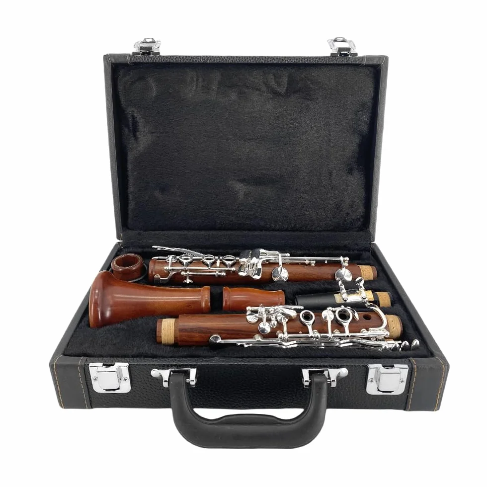 Clarinete de palisandro Bb con teclas plateadas, estuche duro y kit de cuidado con tono rico - Opción asequible para principiantes y estudiantes intermedios, óptima para entrenamiento de