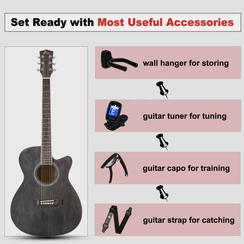 Winzz Guitarra Folk para Niños 36 Pulgadas, Tamaño 3/4 Guitarra Acústica Negro-gris Kit para Principiantes
