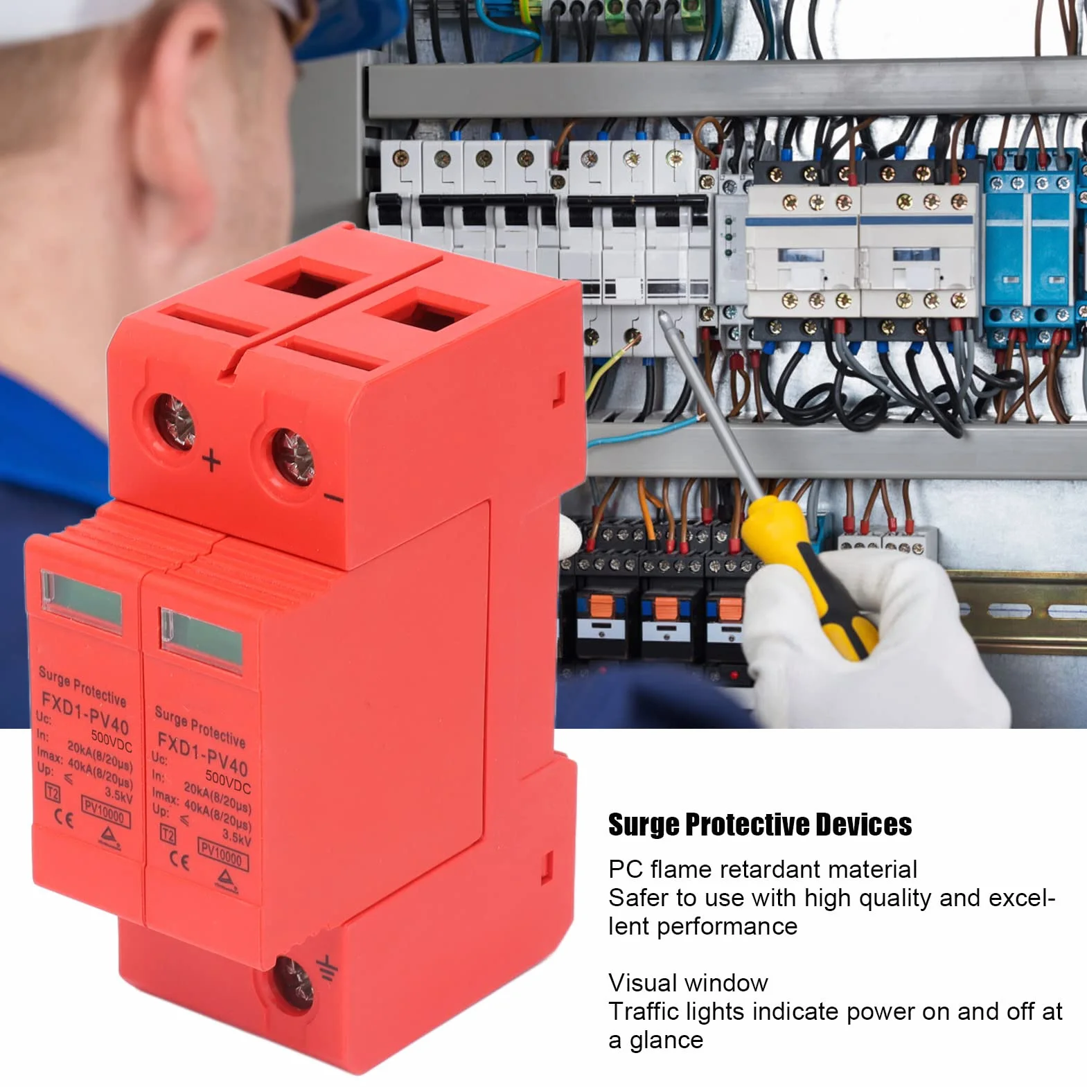 DEWIN Protector contra sobretensiones, dispositivos de protección contra sobretensiones Descargador fotovoltaico de CC 2P 40KA con señal remota, instalación de riel, 2 piezas(DC 500V)