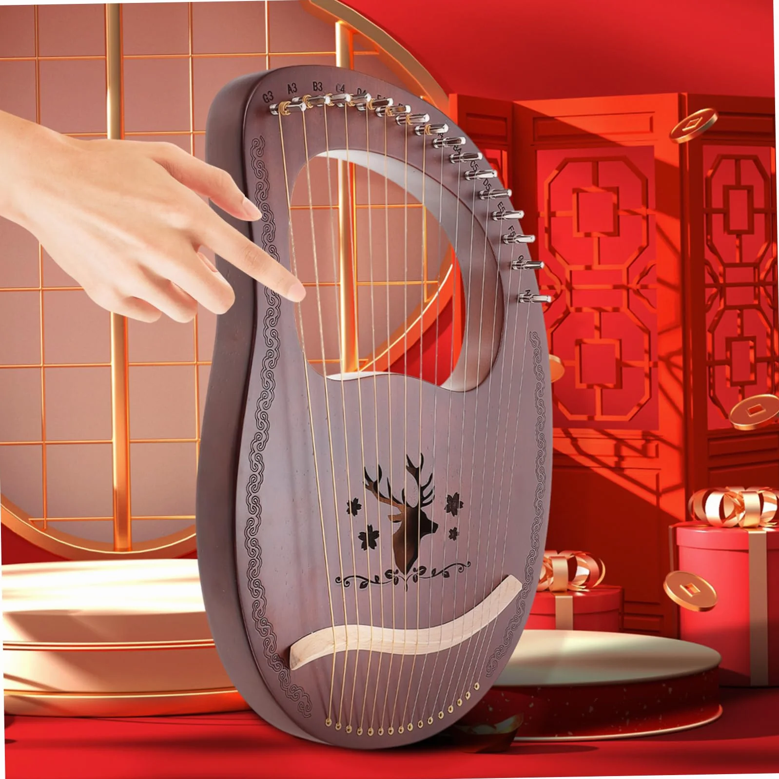 Yardwe Arpa de Lira de Madera de Tonos Arpa de Lira de Estilo Antiguo Instrumento de Cuerda para Tocar Manos para Música Tradicional