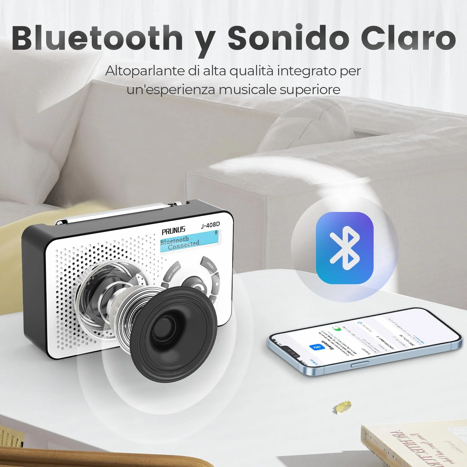 PRUNUS J-408 FM Radio DAB con Bluetooth 5.3, DAB Plus Radio funciona con pilas o batería de 2000 mAh, radio digital con 40 FM y 40 DAB preajustes, toma de auriculares, alarma dual/temporizador de