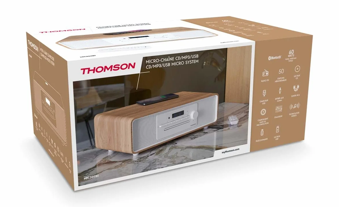 THOMSON Micro-chaîne Bluetooth Radio FM/CD/MP3/USB 60W Égaliseur Blanche et Noire