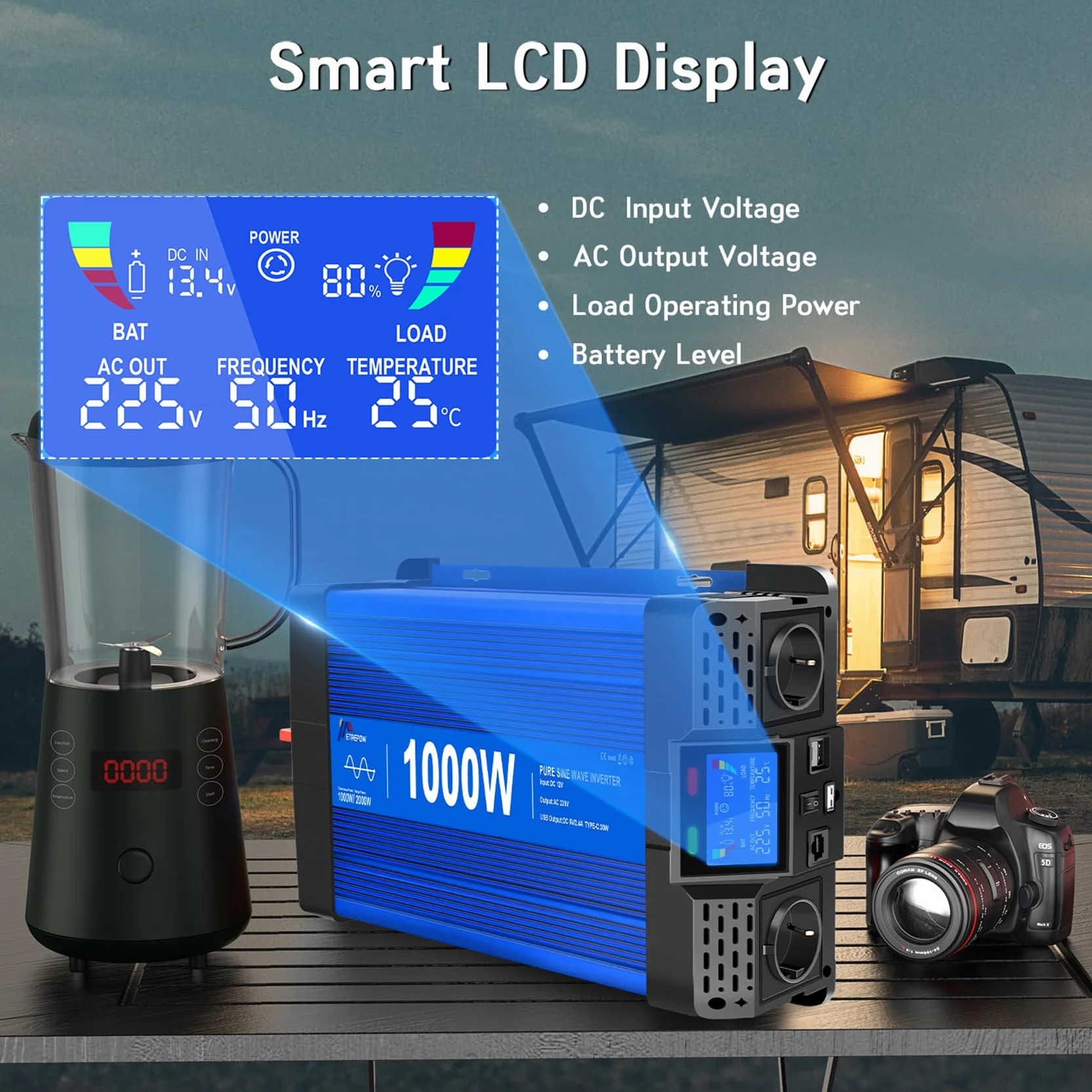 1000W/2000W Inversor 12v 220v Onda Pura con Mando a Distancia, 2 Tomas UE, 2 Puertos USB + Tipo-C, para electrodomésticos, caravanas, Camping Conversor de Voltaje.