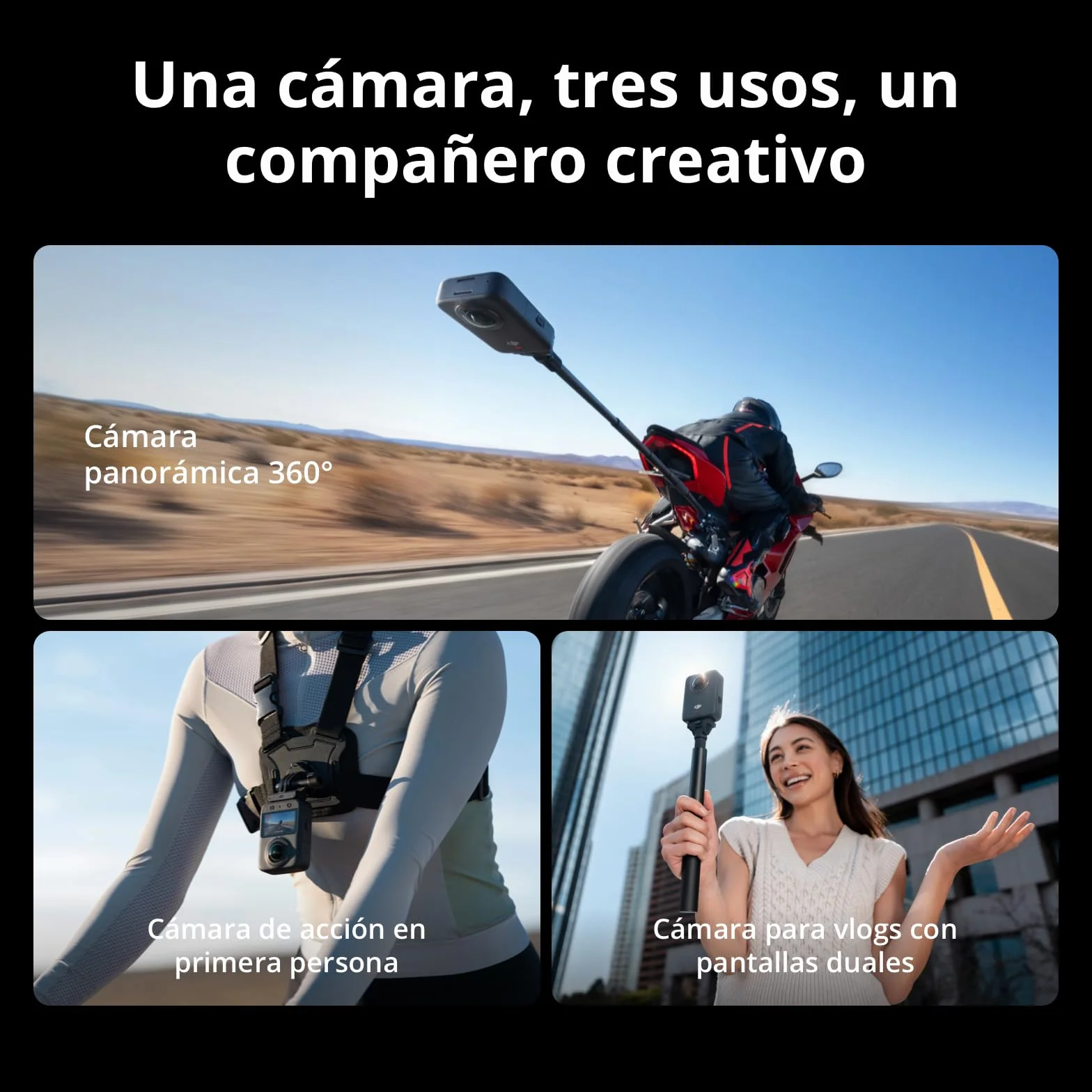 DJI Osmo 360 Cámara 360° 1 Pulgada 8K Nativo 4K/120fps 170° Boost Kit Selfie 1.2m Batería Extendida 2 Baterías