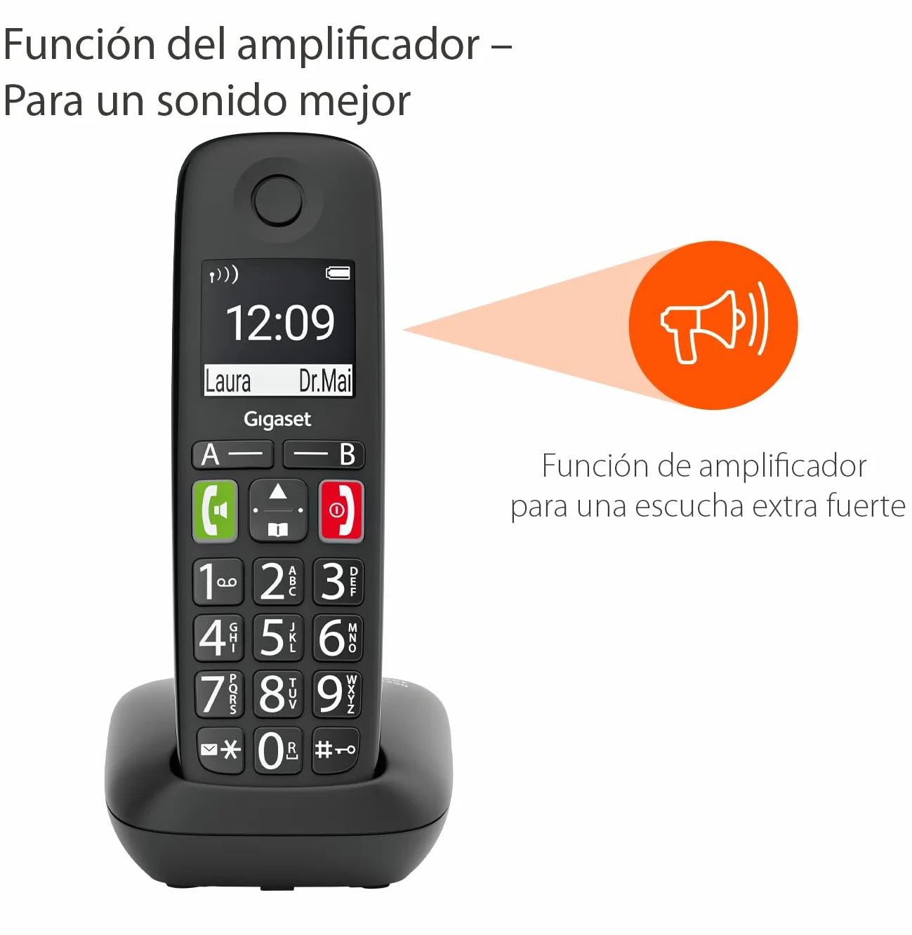 Gigaset E290 Teléfono DECT Inalámbrico Botones Grandes Pantalla Iluminada Blanco y Negro Control de Volumen Negro