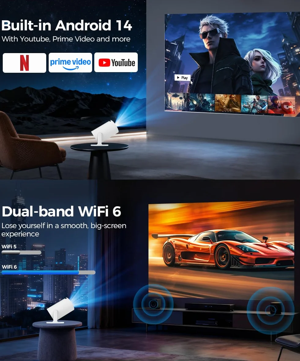 Proyector Portátil con Android 14, Mini Proyector 4k 1080P Full HD Soporte 200ANSI 8000L, Videoproyector WiFi 5G BT 5.4, Cine Projector 180 ° Se Puede Girar para TV Stick Blanco