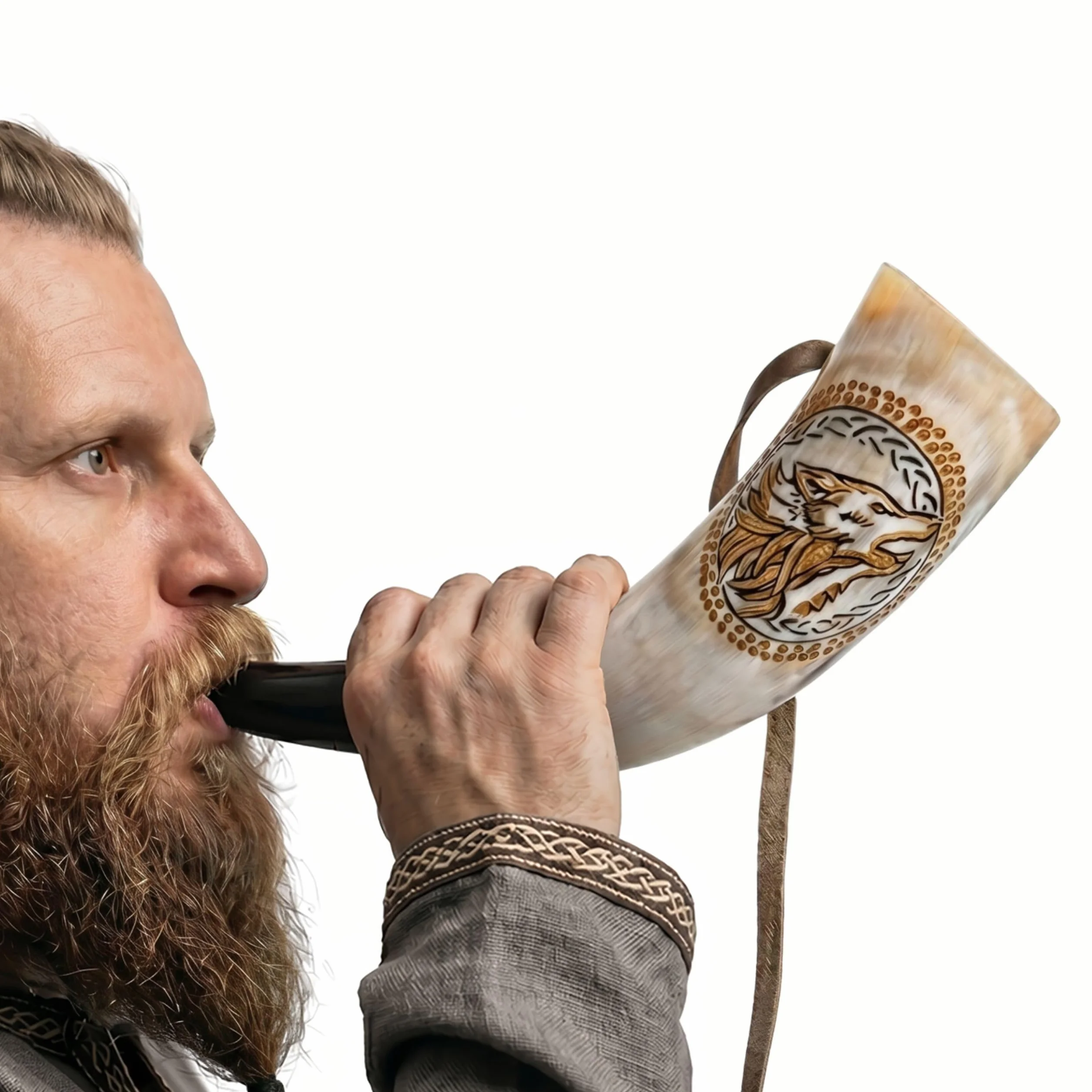 Norse Tradesman Cuerno de guerra vikingo – Trompeta de batalla de cuerno de soplado de 12 pulgadas hecha de auténtico cuerno de buey premium – Grabado a mano con lobos nórdicos – Una pieza de historia
