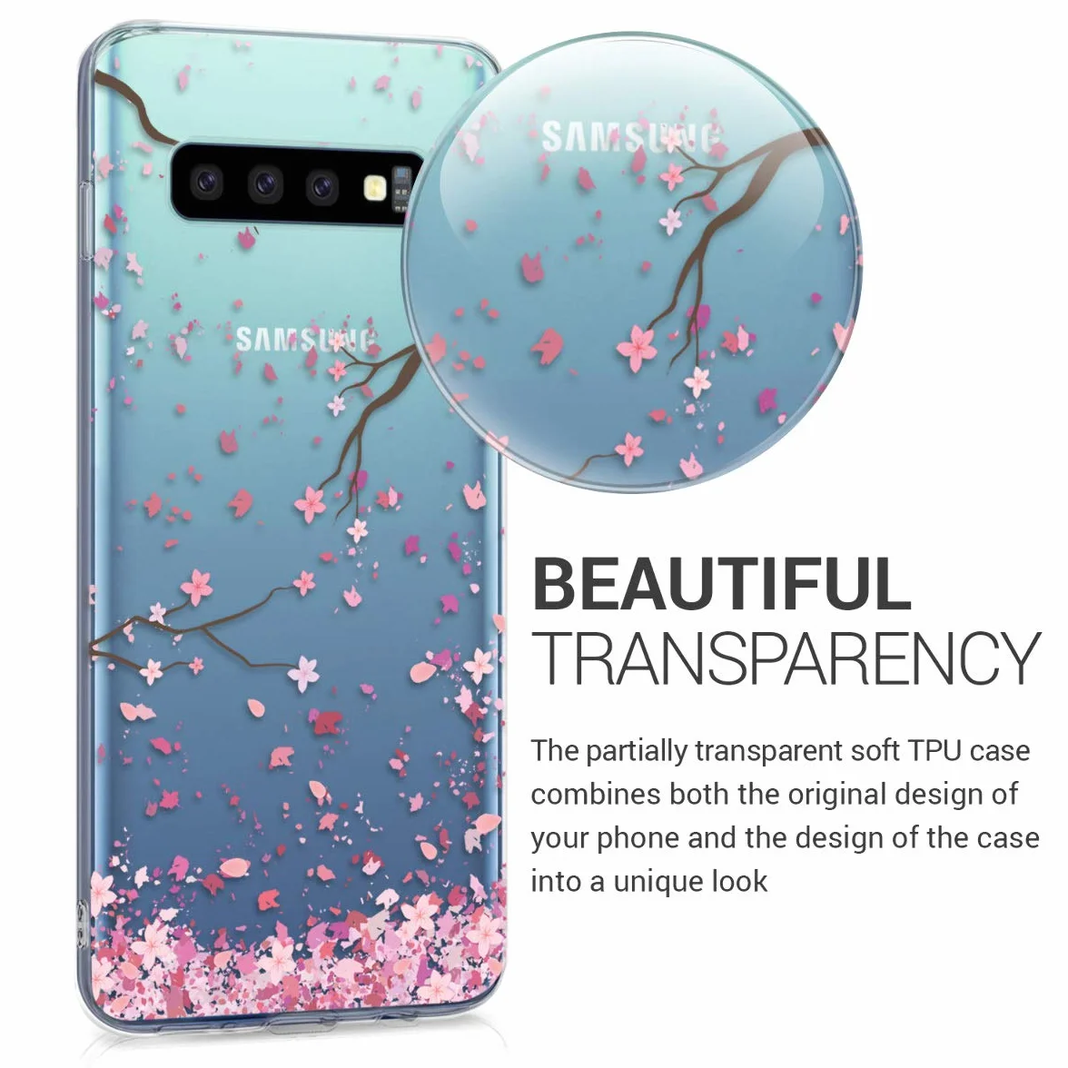 kwmobile Carcasa Compatible con Samsung Galaxy S10 - Funda Silicona TPU Flores Cerezo cayendo Rosado Suave/marrón Oscuro/Transparente