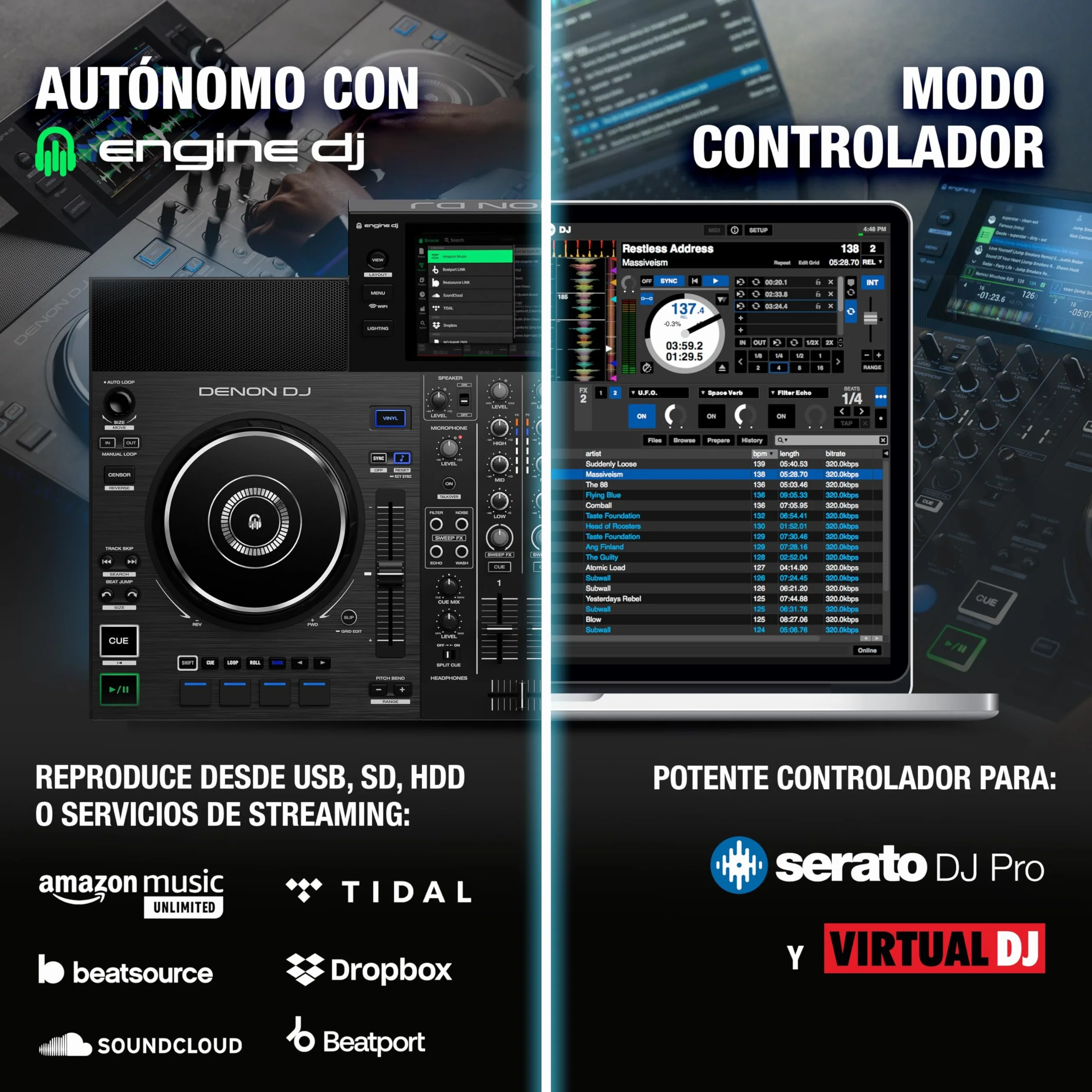 Denon DJ SC LIVE 2 - Controlador DJ autónomo, streaming de Amazon Music, pantalla táctil de 7", WiFi, altavoces, compatible con Serato DJ y Virtual DJ