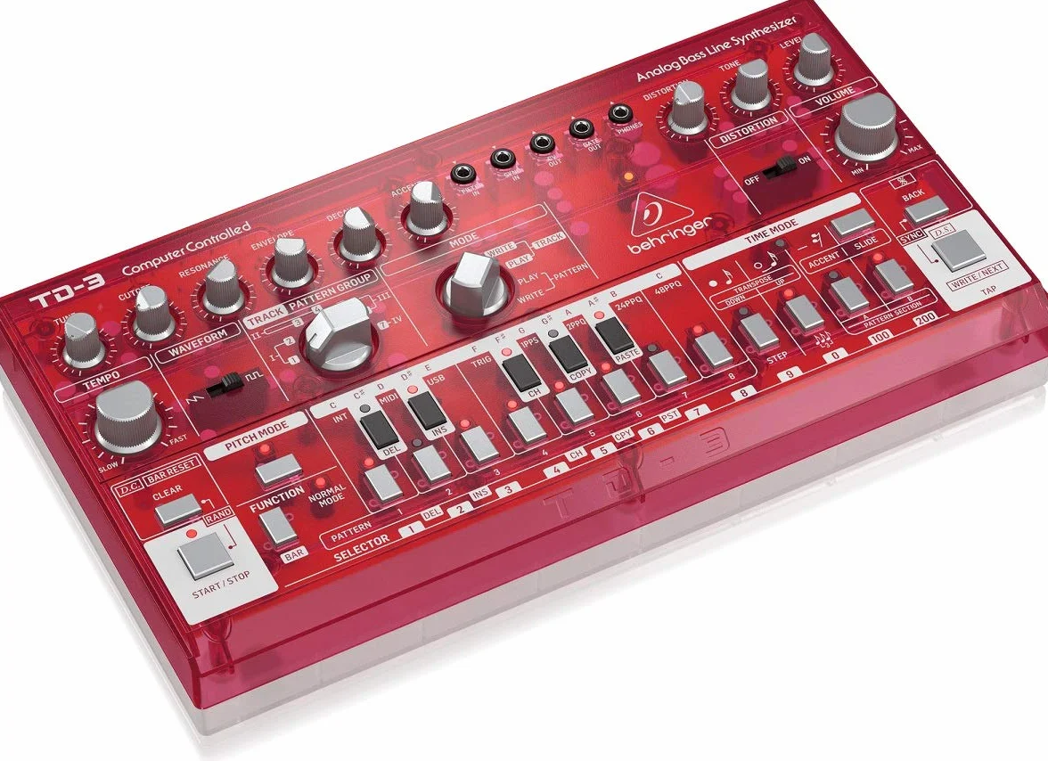 Sintetizador de línea de bajo analógico Behringer TD-3-SB con VCO, VCF, secuenciador de 16 pasos, efectos de distorsión y cadena polivinílica de 16 voces