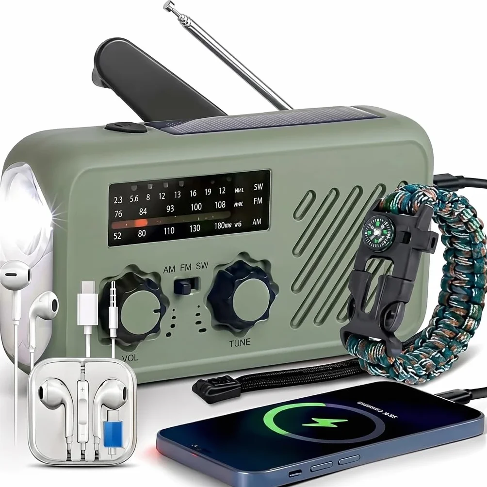 Radio de Emergencia Solar y Manivela, Radio FM/Am Portátil con Linterna LED, Luz de Lectura y Powerbank 2000mAh – Ideal para Cortes de Luz, Camping, Acampada y Regalos para Hombre