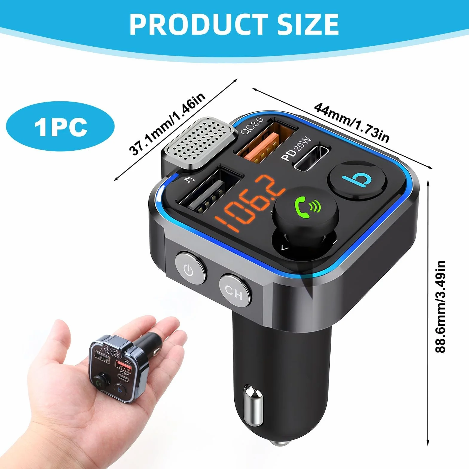 Transmisor FM Bluetooth Coche Adaptador Carga Rápida PD20W QC3.0 Reproductor MP3 USB