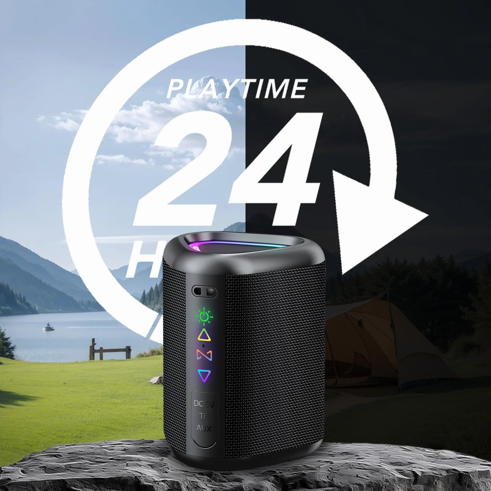Altavoz Bluetooth Portátil Potente Inalámbrico con Luz LED, Bluetooth 5.4, 24 Horas, Graves Mejorados, 360° Sonido Estéreo, Impermeable IPX7, Speaker de Exterior para Viajes/Deportes/Fiestas/Ciclismo