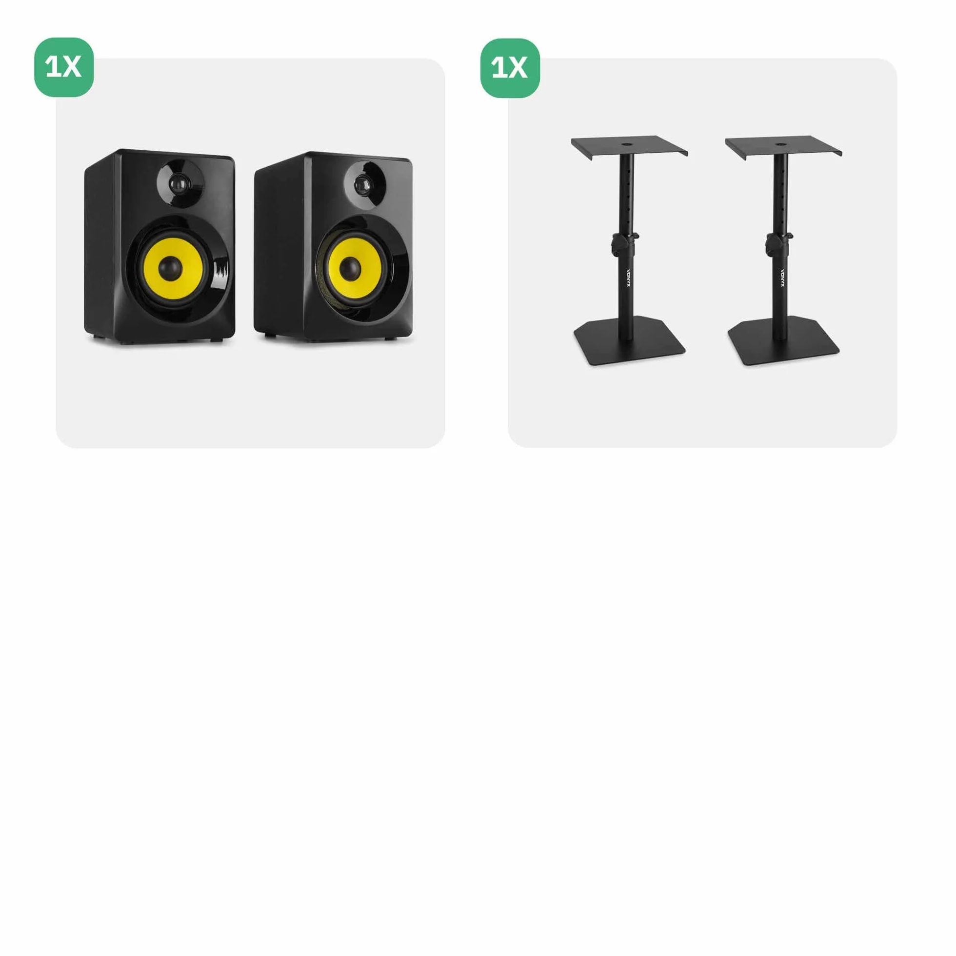 Vonyx SMN40B monitores Estudio Activos 100W con Soportes SMS10, Control Graves/Agudos, Amplificador Integrado, Altura Ajustable, Set Ideal para DJs y producción Musical