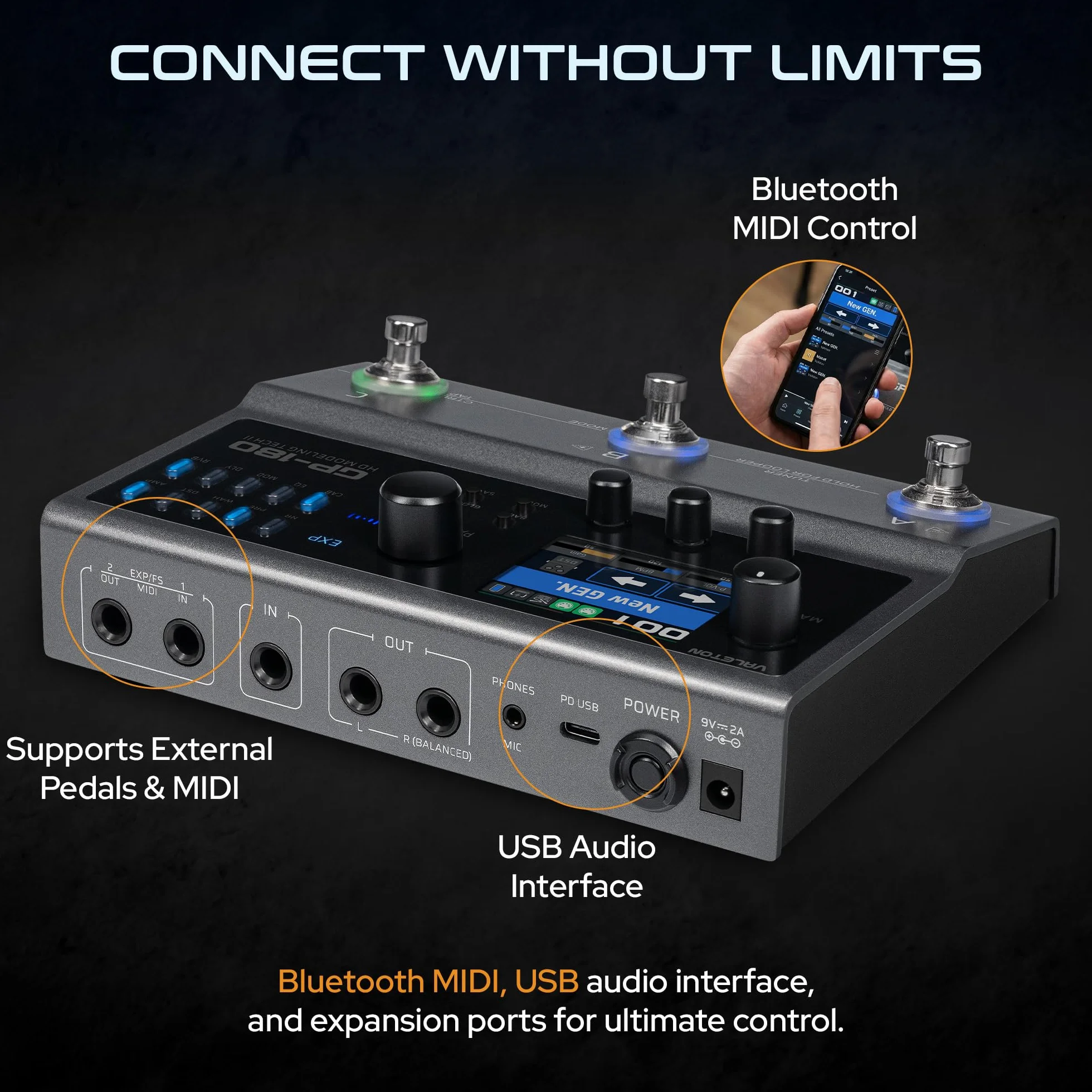 Valeton GP-180 - Procesador multiefecto para guitarra, más de 200 efectos, modelado NAM SnapTone, cargador IR, Looper, caja de ritmos, interfaz de audio USB, Bluetooth MIDI, 3 pedales con interruptor