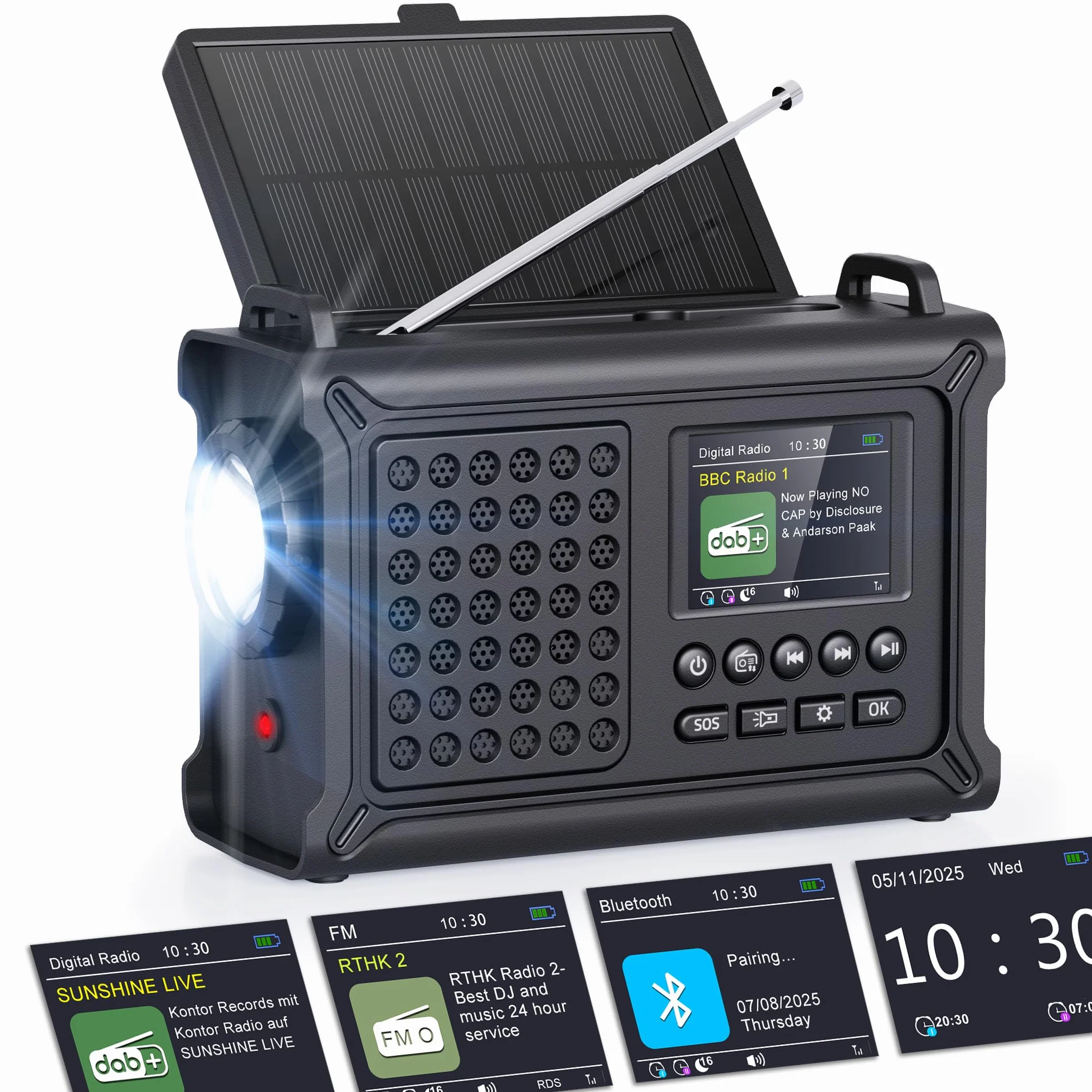 ROCAM Radio Solar de Emergencia DAB+/FM con Bluetooth, 12000mAh Radio Portátil Digital con Panel Solar 8500mm² y Manivela 650mA, Pantalla Color 2,4",80 Emisoras, Linterna LED,SOS,USB,IPX6 para Camping
