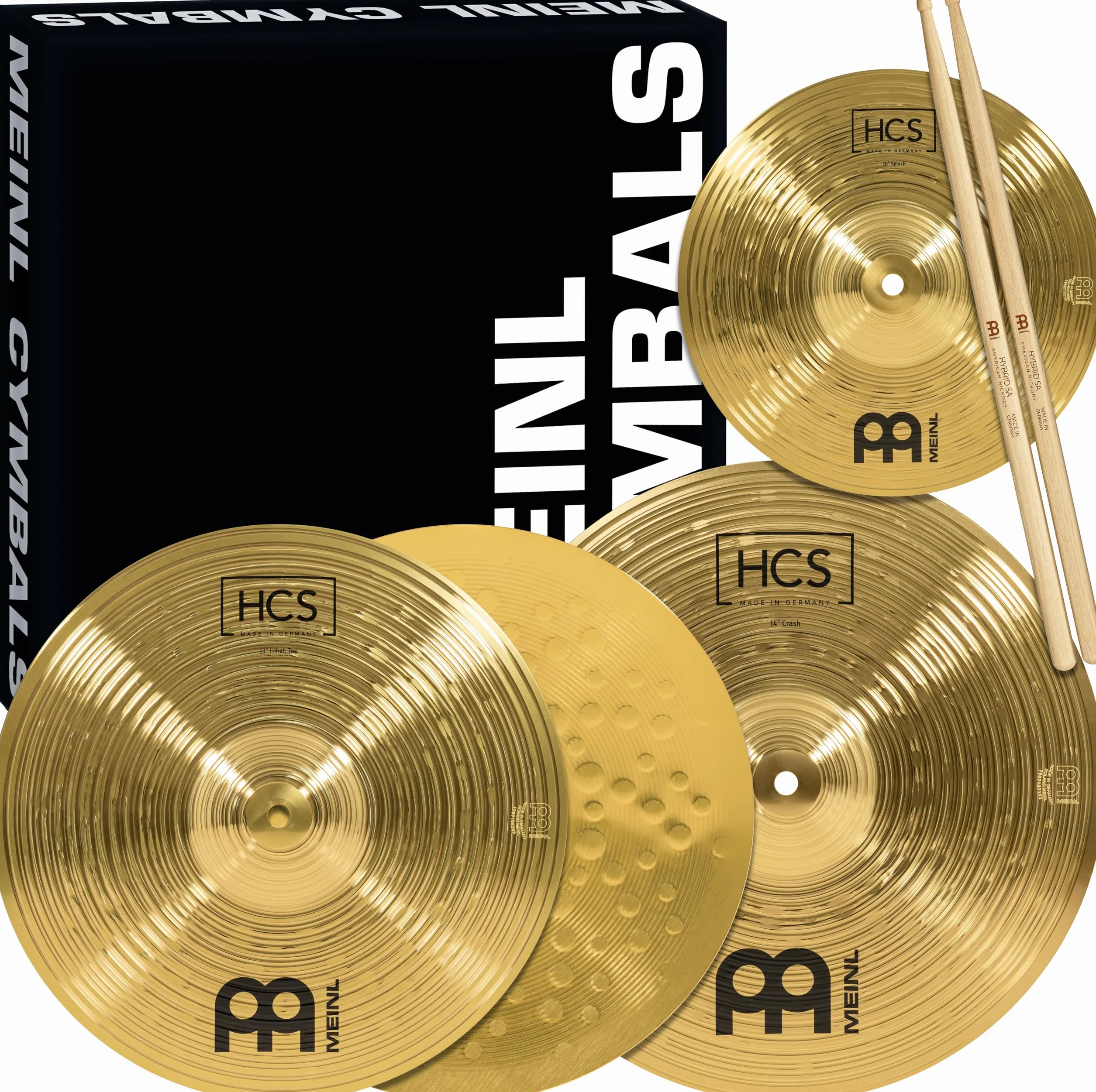 Meinl Cymbals HCS1314+10S - Juego de platillos (1 hihat de 33 cm (13") 1 crash de 35,6 cm (14") 1 splash de 25,4 cm (10") + paire de varillas promark tx5aw)