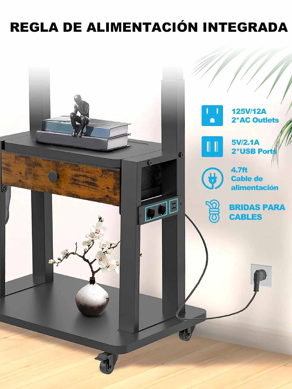 Soporte de TV rodante con toma de corriente y cajón de tela para visualización plana/curvada de 32-75 pulgadas de hasta 200 libras, LCD/LED/OLED, altura ajustable, carrito de TV móvil con ruedas, para