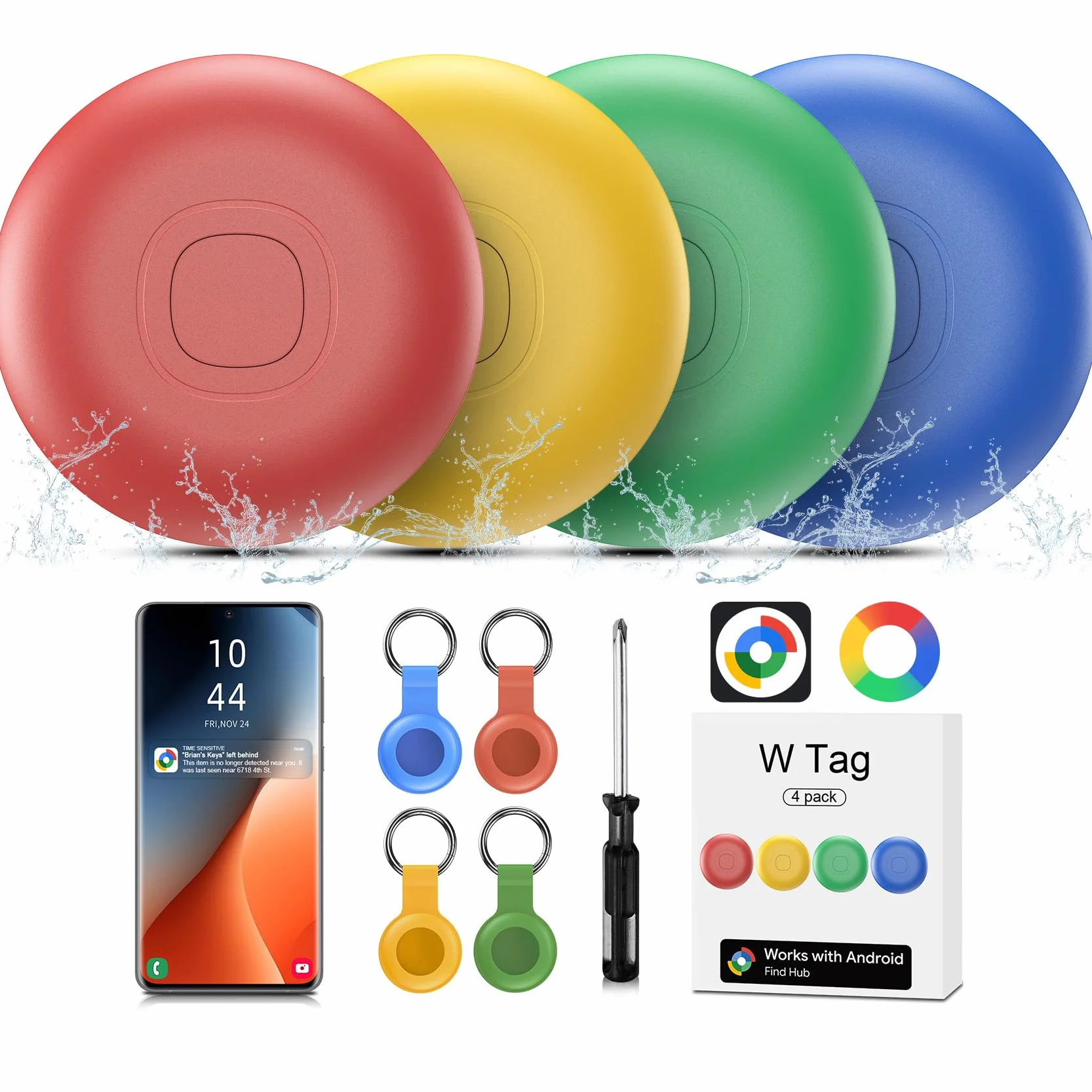 Air Tracker Android, IP67 Smart Tag Localizador de Llaves Compatible con Google Find Hub App (Android Solamente) 4 Pack Bluetooth Tag Key Finder para Equipaje/Cartera/Maleta/Bolsas (Multicolor)