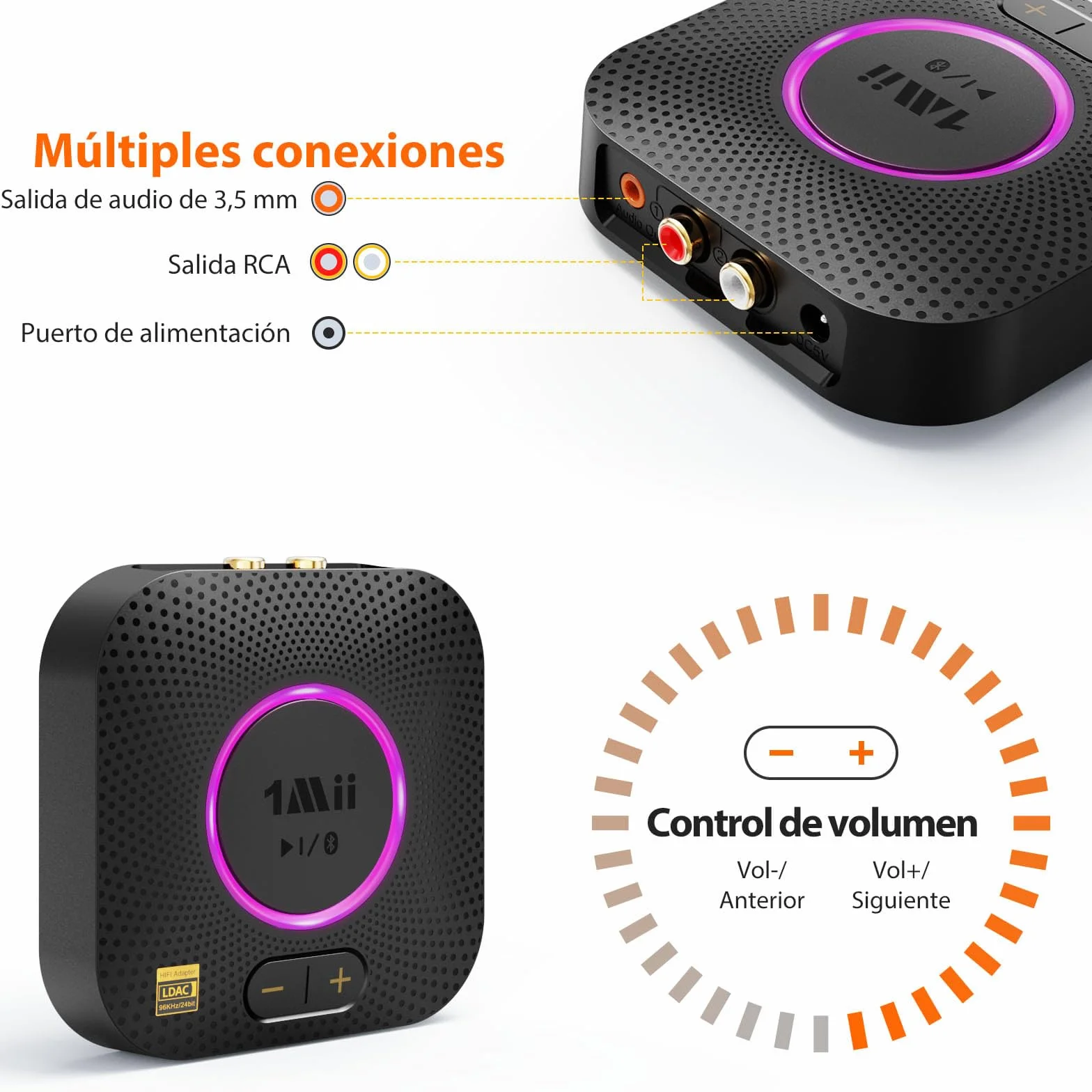 1Mii B06S+ LDAC Receptor Bluetooth 5.3 HiFi, Adaptador Audio Bluetooth con aptX Baja Latencia & HD, Salida RCA/AUX 3.5mm Jack, Control Volumen, 100ft Receptor de Largo Alcance para Estéreo Doméstico