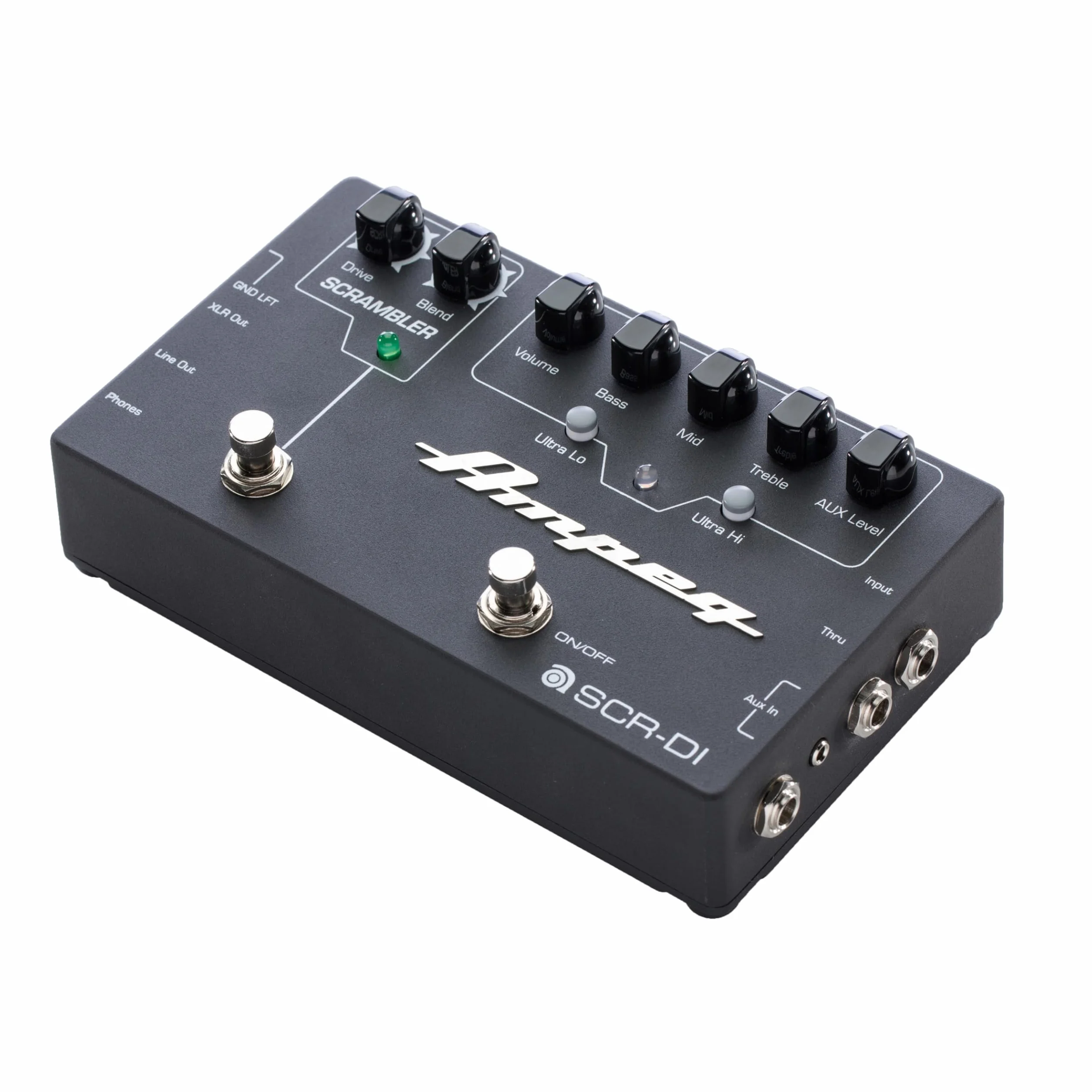 AMPEG SCR-DI Preamplificador de Bajo – Pedal de previo combinado circuito con Scrambler Overdrive, filtros Ultra-Hi/Ultra-Lo, salida XLR balanceada y chasis metálico – Negro