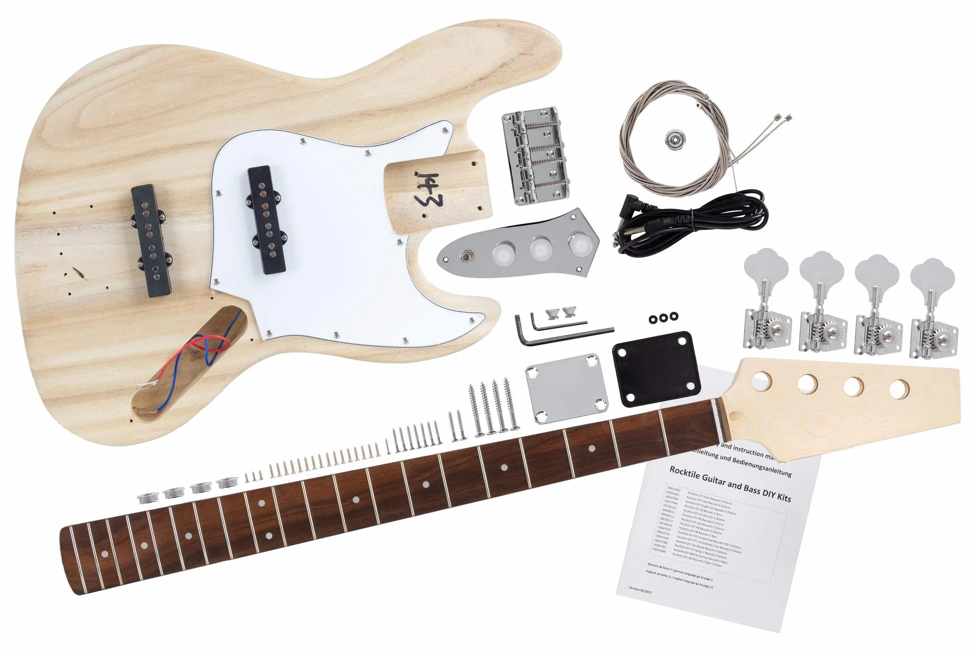 Rocktile Kit De Bajo Eléctrico JB-Style - Construye Tu Propio Bajo Eléctrico DIY en Diseño Clásico JB, 2x single coil, mástil atornillado, cuerpo sin tratar para lacar