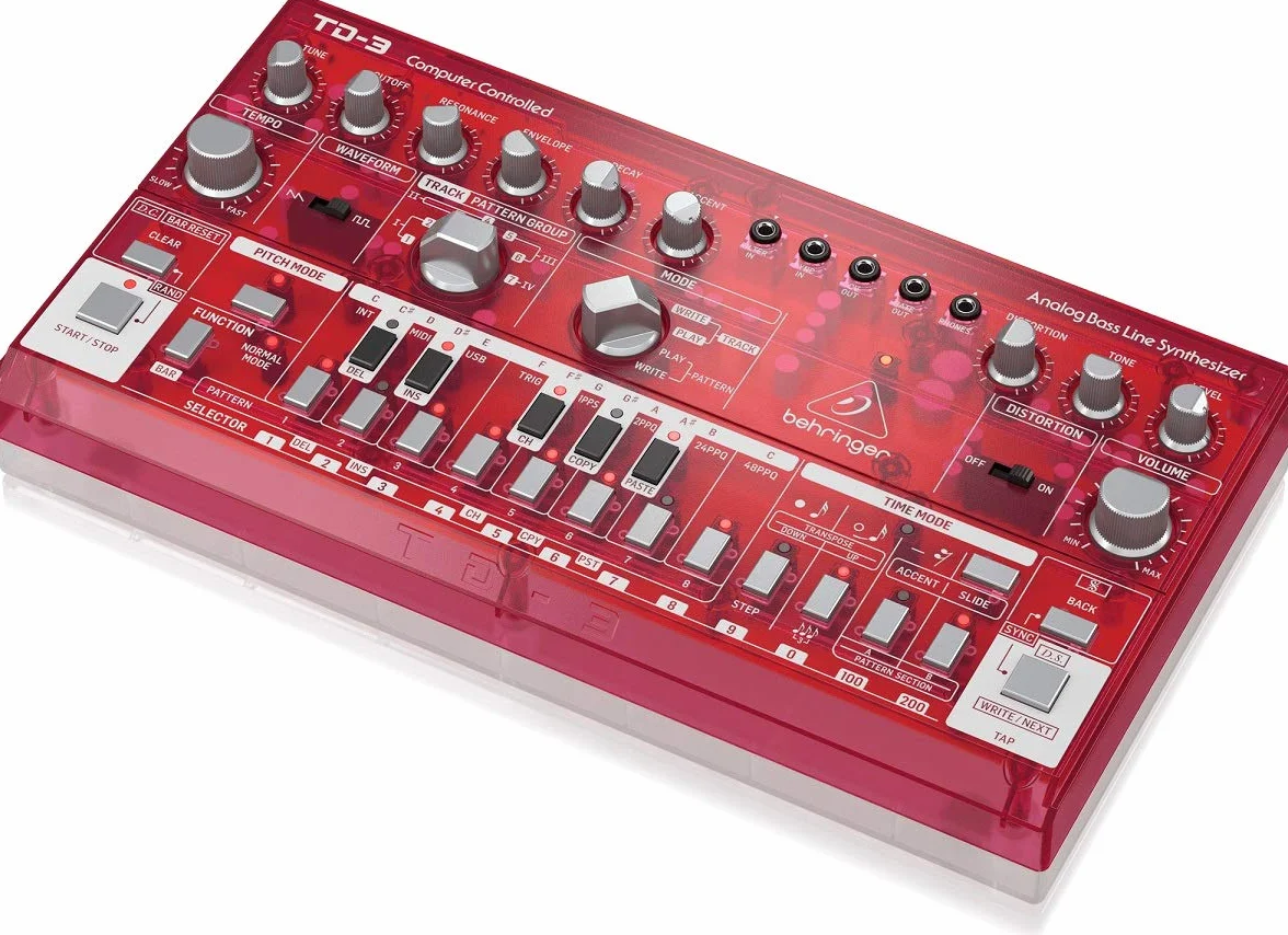 Sintetizador de línea de bajo analógico Behringer TD-3-SB con VCO, VCF, secuenciador de 16 pasos, efectos de distorsión y cadena polivinílica de 16 voces