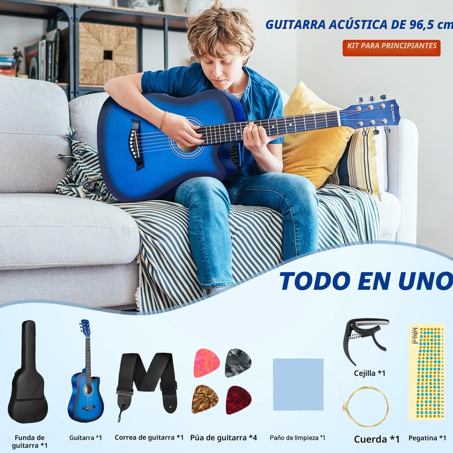 CAHAYA Guitarra Acústica De Tamaño Completo De 38 Pulgadas con Cuerdas De Repuesto, Estuche, Correa, Púas, Cejuela, Pegatinas, Azul, CY0354