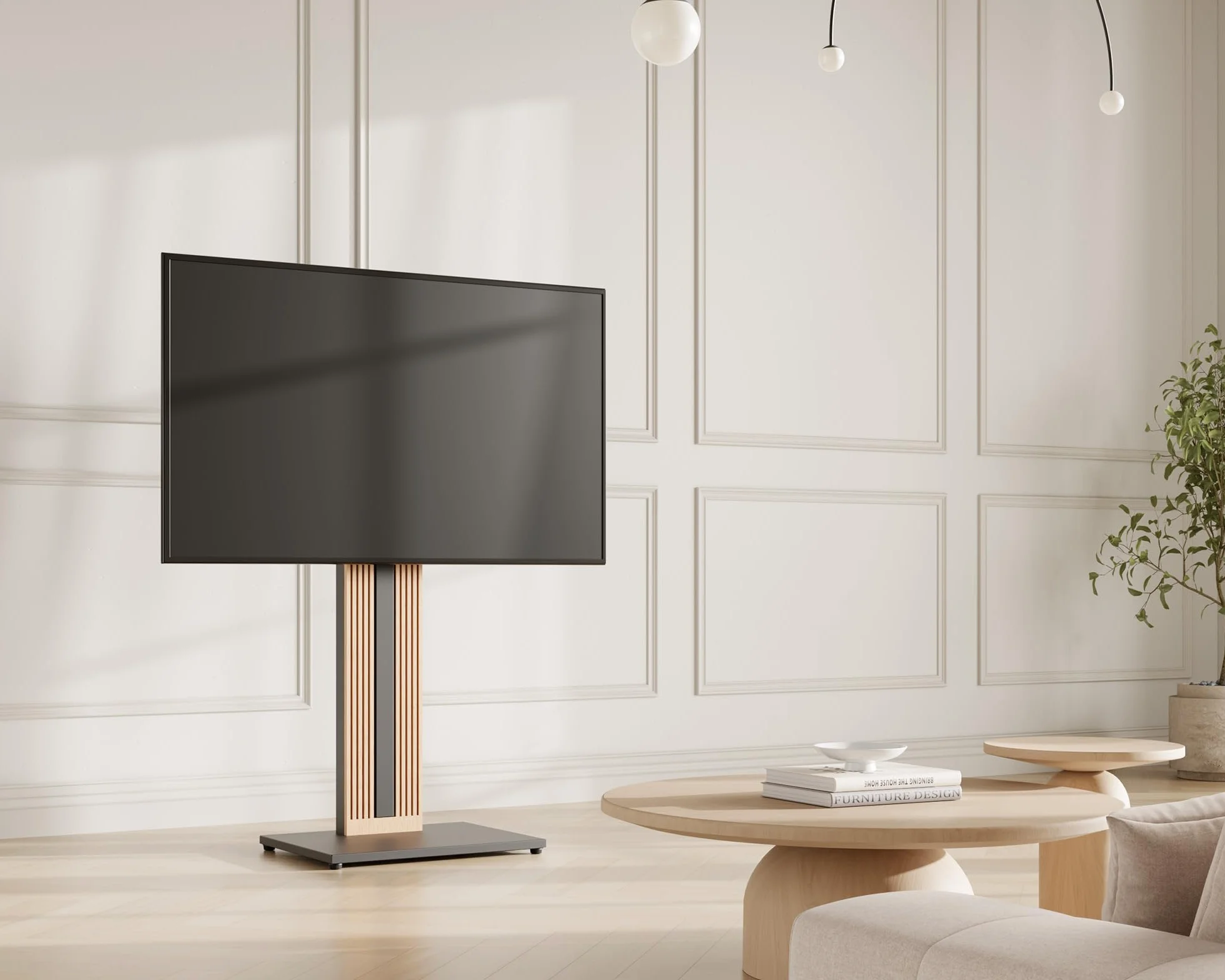 FITUEYES Soporte TV Pie de 32-65 Pulgadas Soporte TV Suelo de Madera de Haya Pie Altura Ajustable y Giro