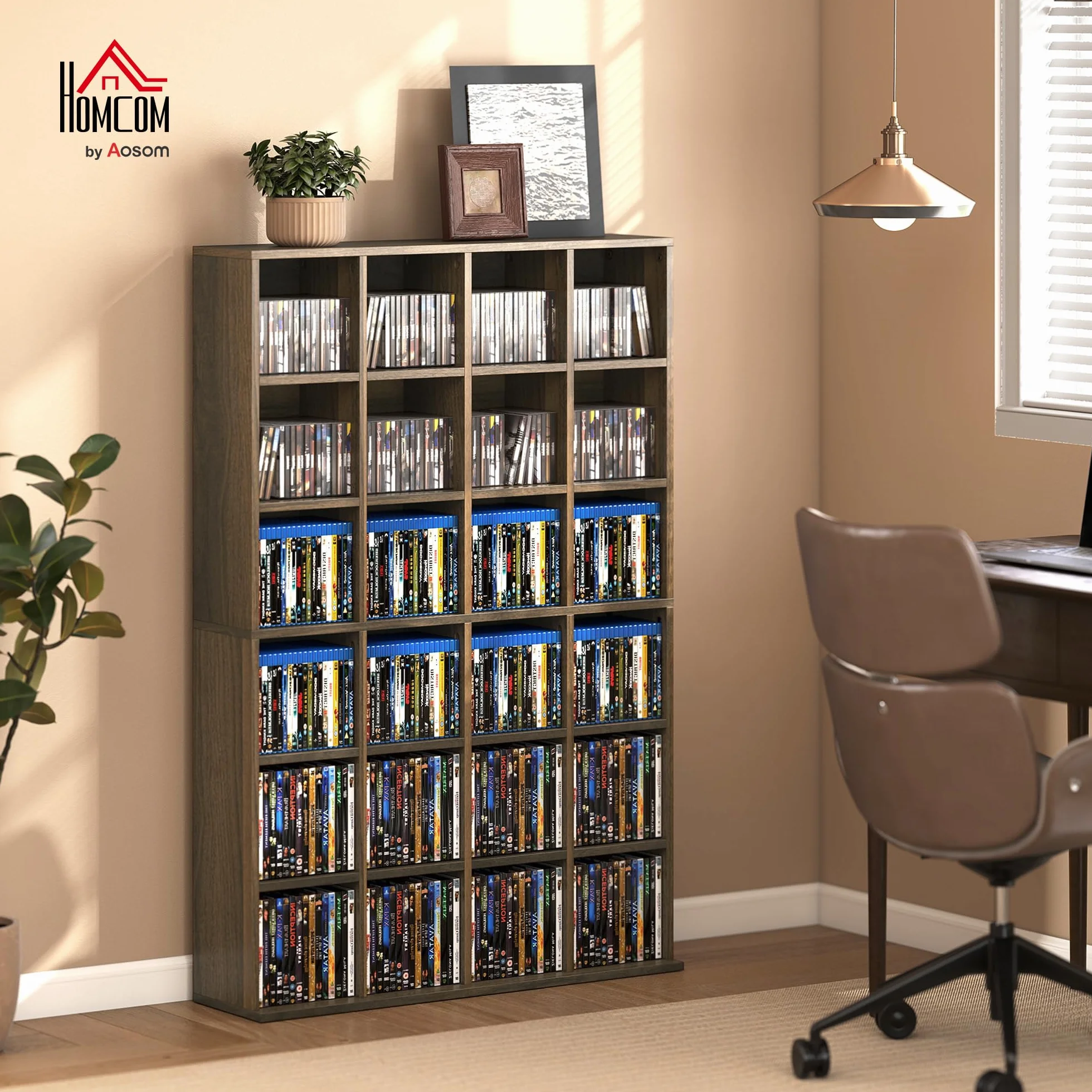 HOMCOM Almacén para CD y DVD, Estante de Almacenamiento, Capacidad máx. 456 CD/336 DVD, 24 Compartimentos y estantes Ajustables, para Oficina, salón, Dormitorio, 89 x 20 x 130,5 cm, marrón