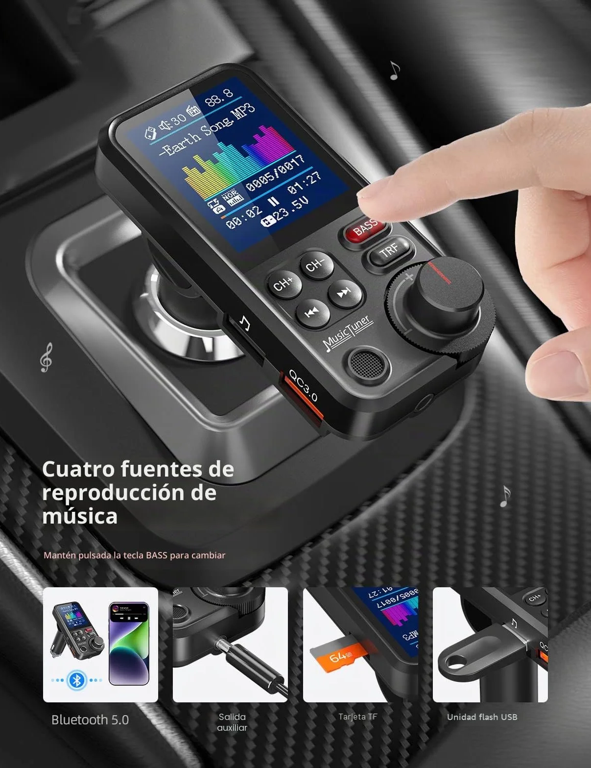 Nulaxy Transmisor Bluetooth Coche KM30, Micrófono Fuerte, Pantalla a Color 1.8", Carga QC3.0