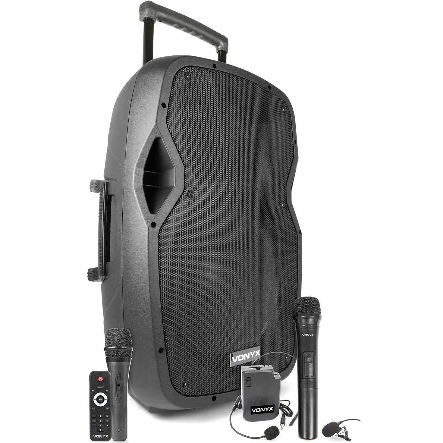Vonyx AP1500PA – Altavoz Bluetooth Grande Potente 15" 800W con micrófono con Cable, micrófono inalámbrico UHF y petaca UHF con Micro de Solapa o Diadema, batería Recargable y USB