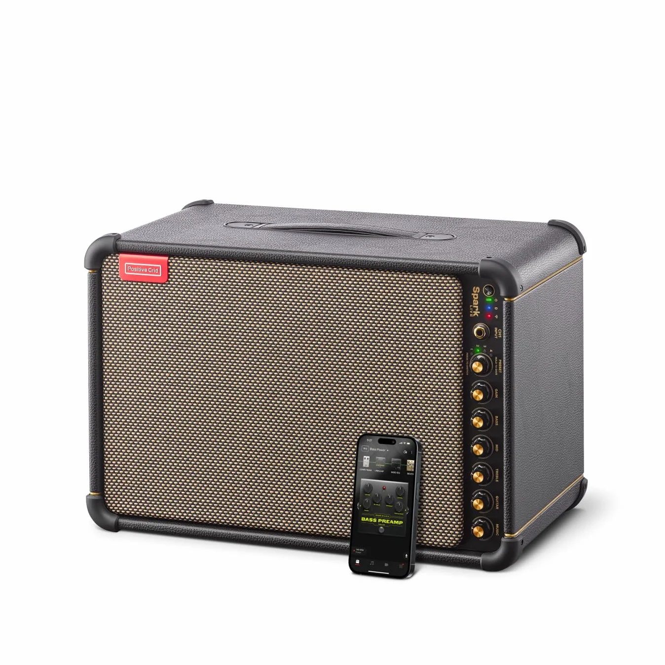 Positive Grid Spark LIVE, amplificador inteligente para guitarra, sistema de sonido PA de varios canales y altavoz Bluetooth todo en uno para guitarra, bajo, voz, teclados y más.