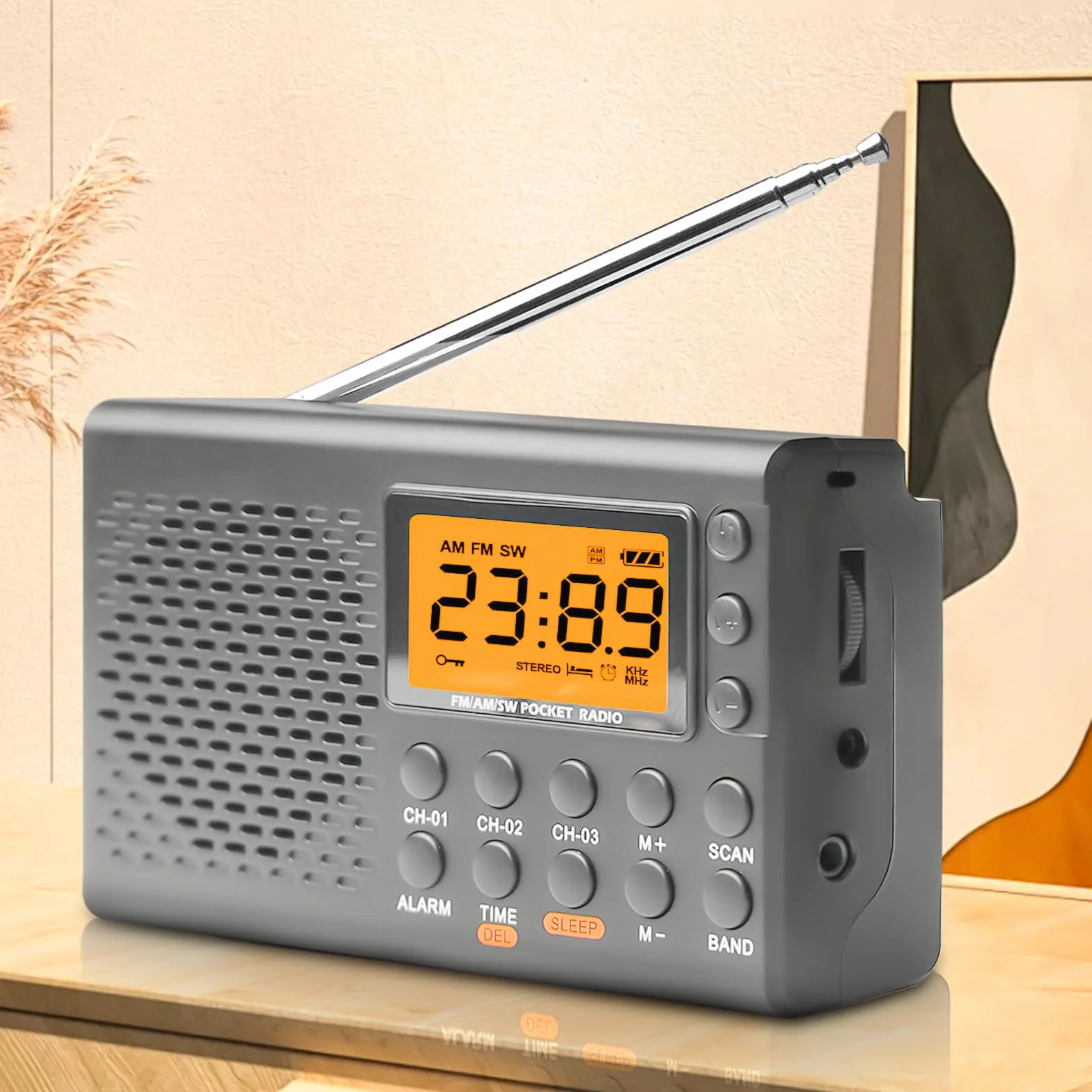 radio portátil, AM, FM, SW con pantalla LCD, pilas, altavoz integrado, alarma, temporizador de sueño, conexión para auriculares, cocina, 35 ajustes preestablecidos