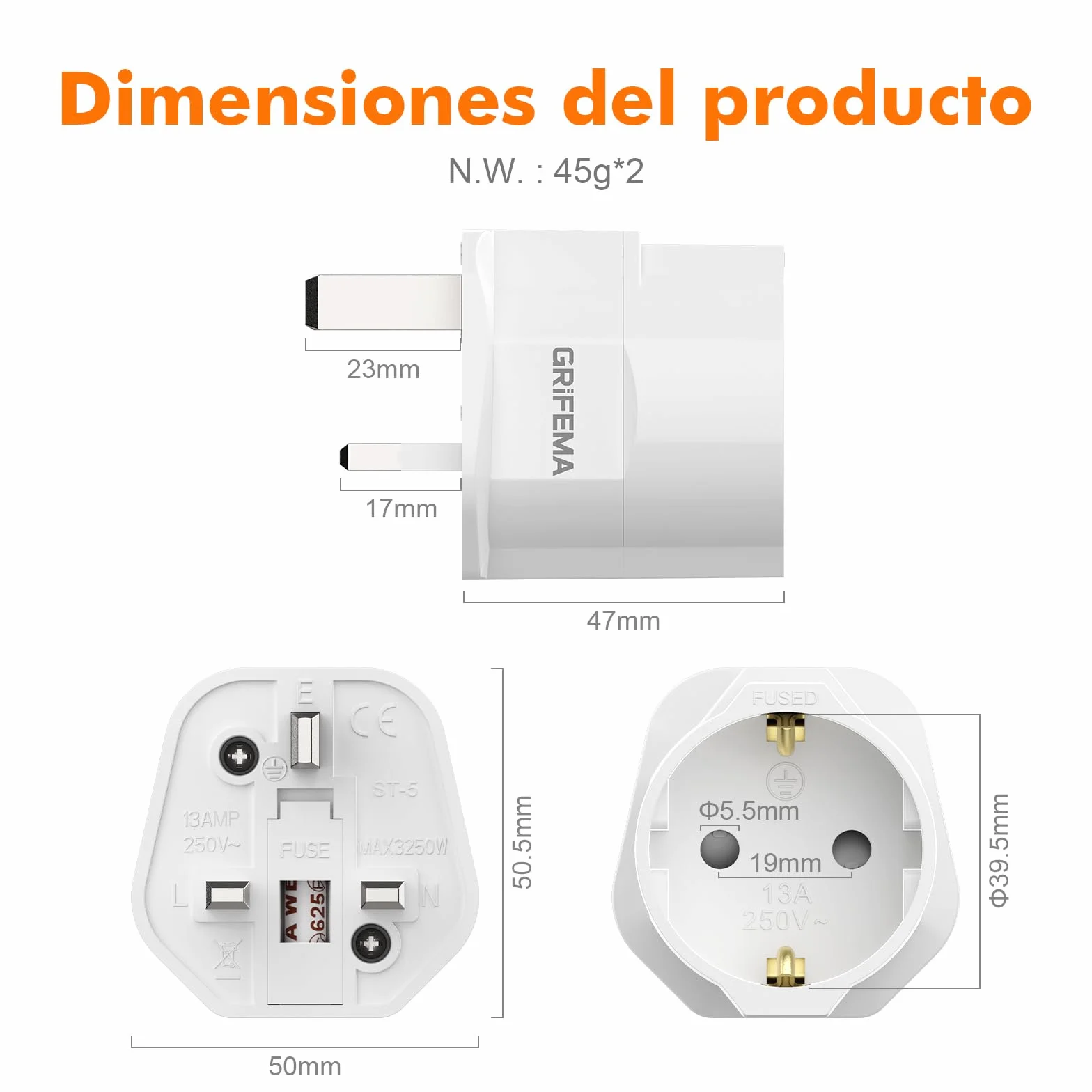 GRIFEMA Adaptador Enchufe UK Tipo G 13A, Convertidor Europeo 2 Pin a UK 3 Pin, Pack de 2