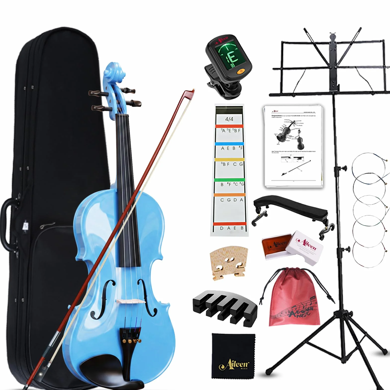 Aileen 4/4 Violín de Tamaño Completo para Adultos Principiantes, Fiddle Kit de Iniciación para Niños de 12 Años o Más, Azul Violín Set Estudiante con 13 Accesorios, incluyendo Atril, Pegatina Nueva
