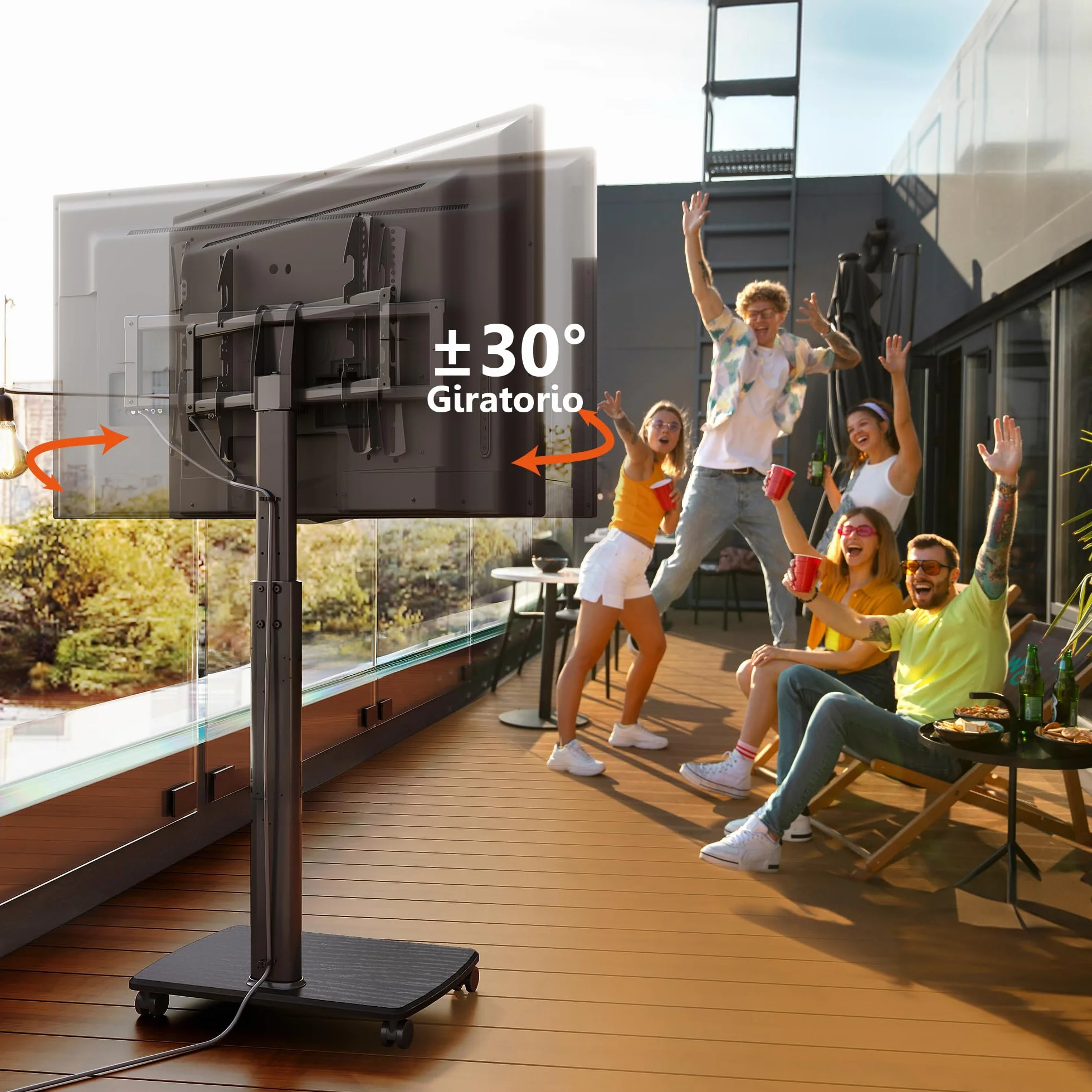 FITUEYES Soporte TV con Ruedas Serie E Base Madera 32-70 Pulgadas MAX VESA 600x400mm Giratorio Ajuste Altura
