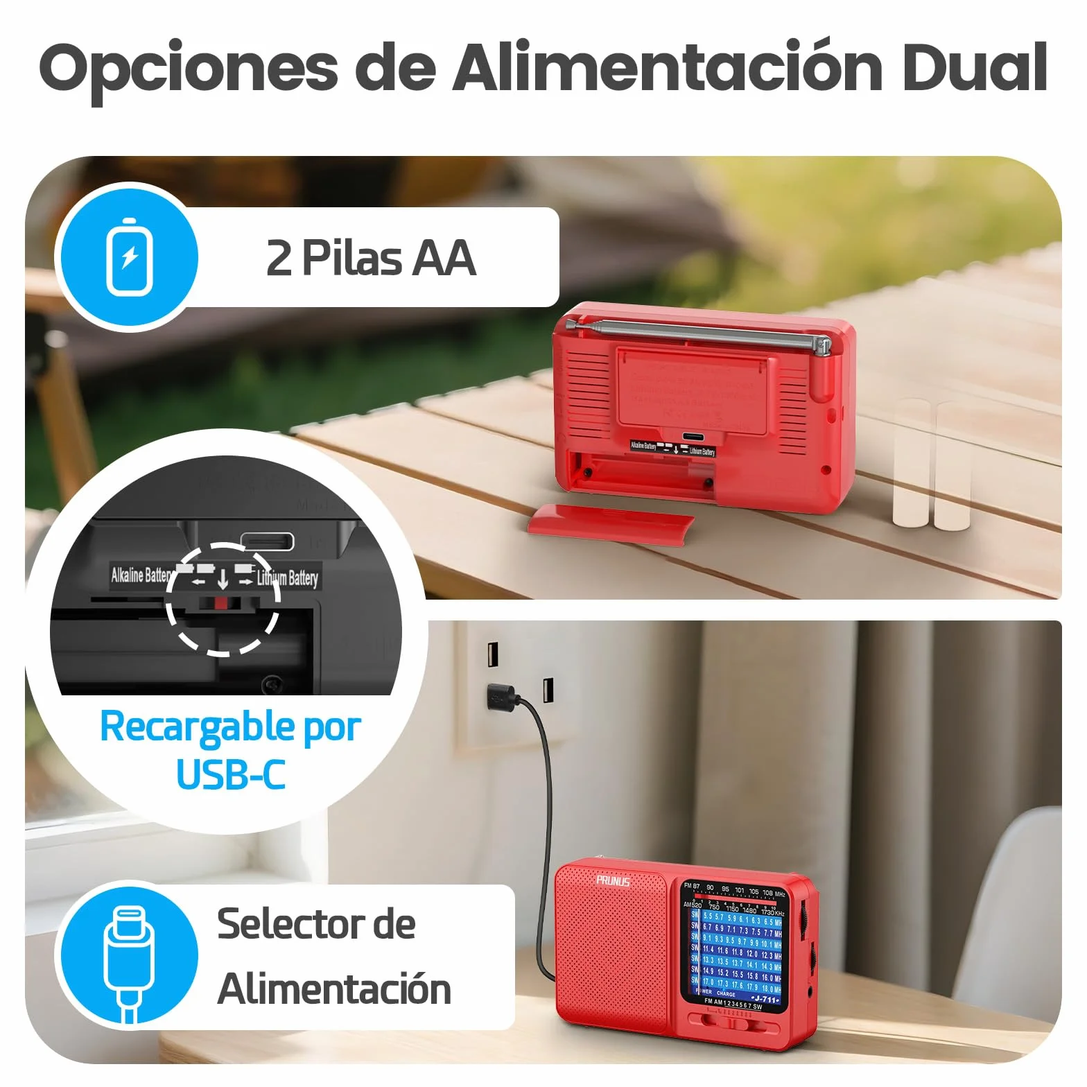 PRUNUS J-711 Radio Portátil Pequeña Recargable AM/SW/FM, Transistor con Pilas AA y USB-C, Rojo