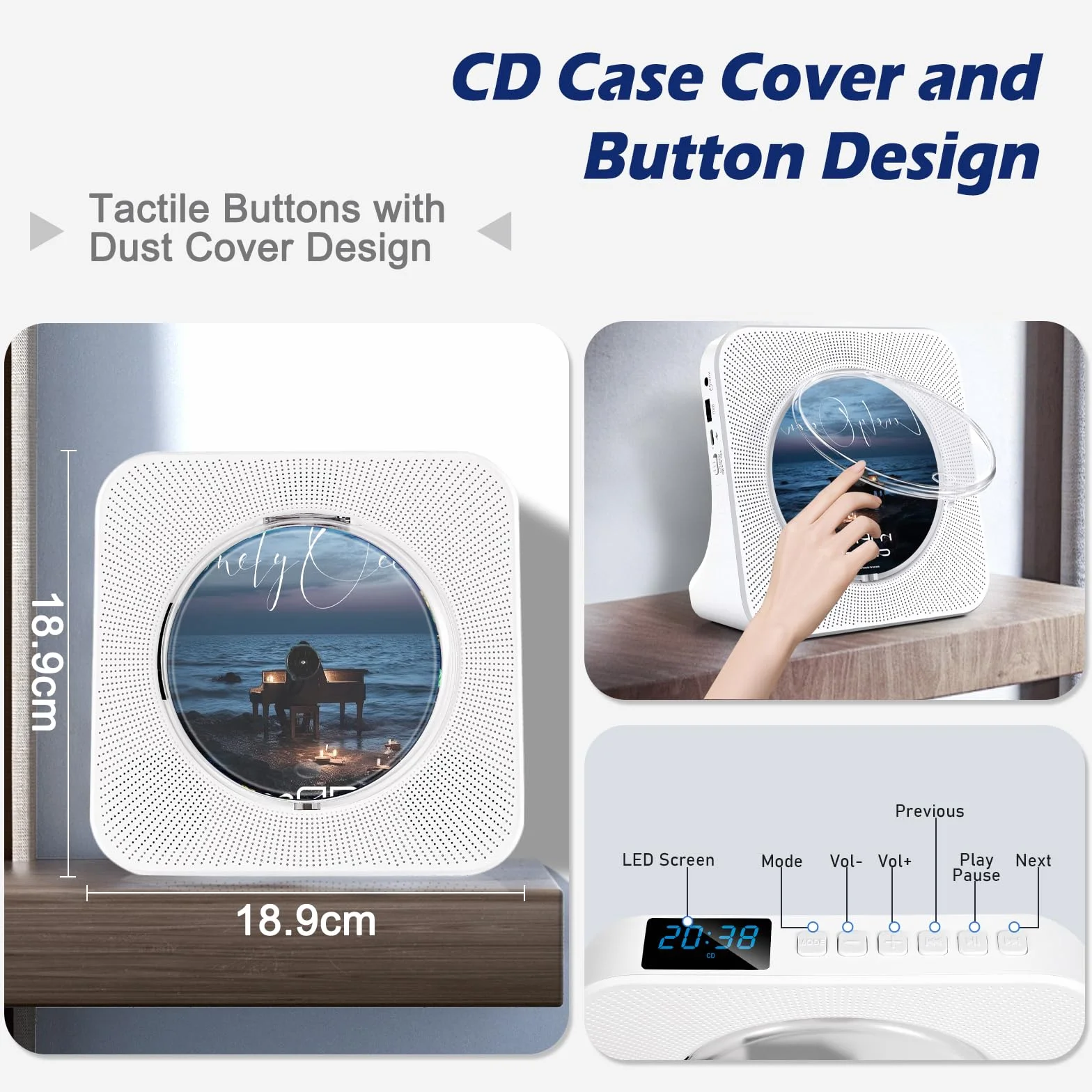 Reproductor CD Bluetooth con diseño de Escritorio, Reproductor de CD portátil con Doble Altavoces y Temporizador, Admite Entrada AUX/USB, Radio FM, Toma de Auriculares, Transmisión Bluetooth