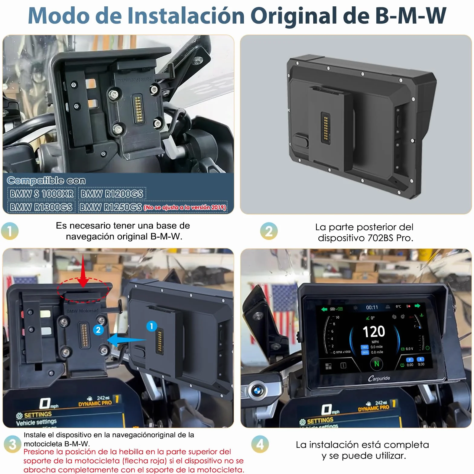 Carpuride W702BS Pro Motocicleta Carplay Pantalla 7" Impermeable táctil Inalámbrico CarPlay Android Auto Dual Bluetooth Intercomunicador