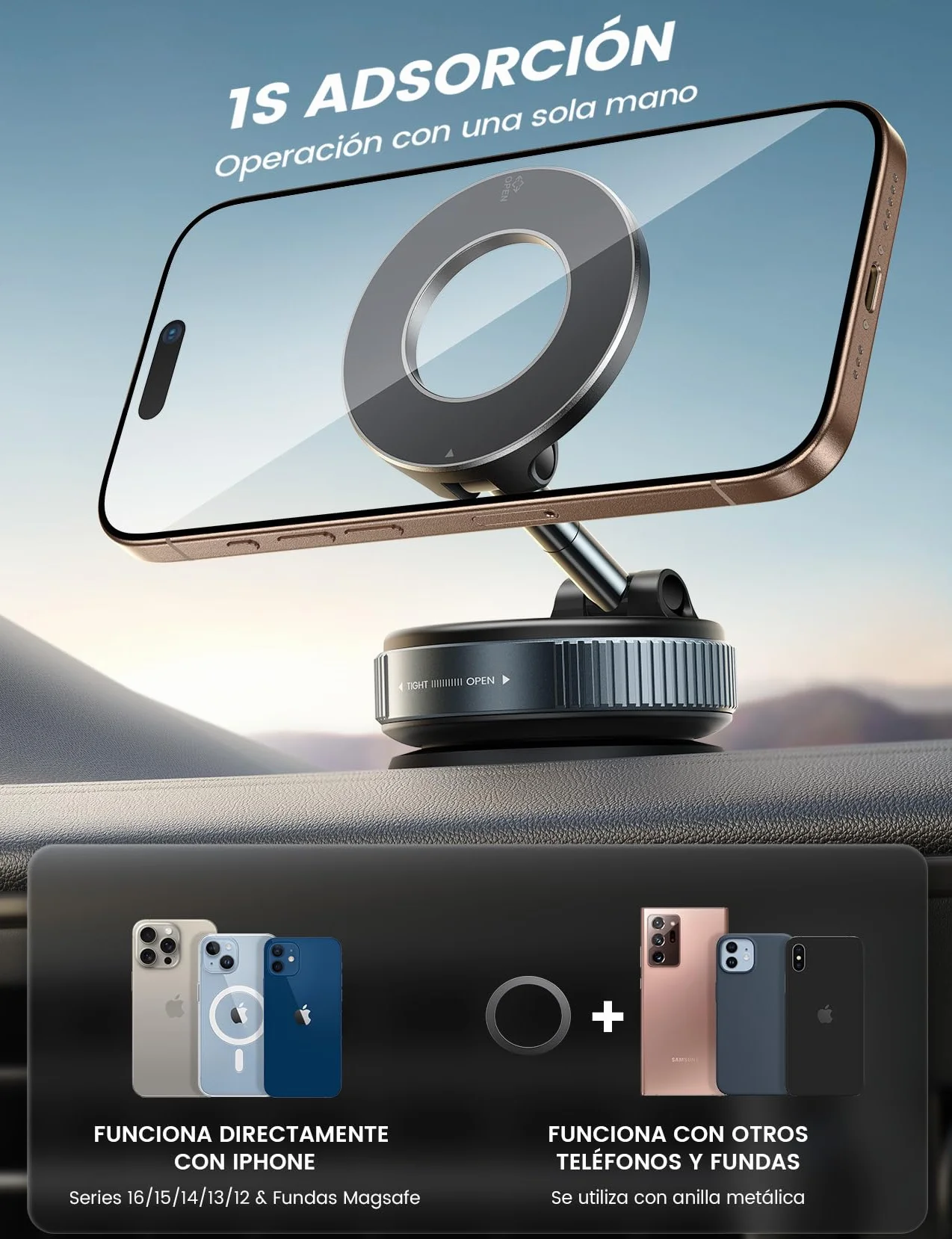 Lamicall Soporte Móvil Coche para MagSafe - [Ventosa de Vacío & 24X N55 Imanes] 360° Rotación, Soporte Coche para Salpicadero/Parabrisas, Soporte Magnetico para iPhone 17 16 15 14 13, Otro Smartphone