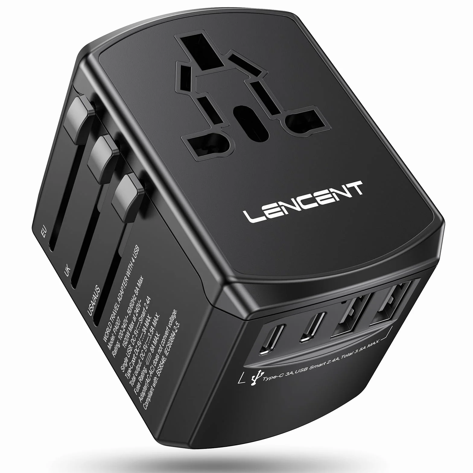 LENCENT Adaptador Enchufe de Viaje Universal, Cargador de Pared USB Internacional de 2 Puertos USB-A y 2 Tipo C para EEUU/UK/EU/AUS Más de 200 Países para Teléfonos, Tabletas, Cámara y más, Negro
