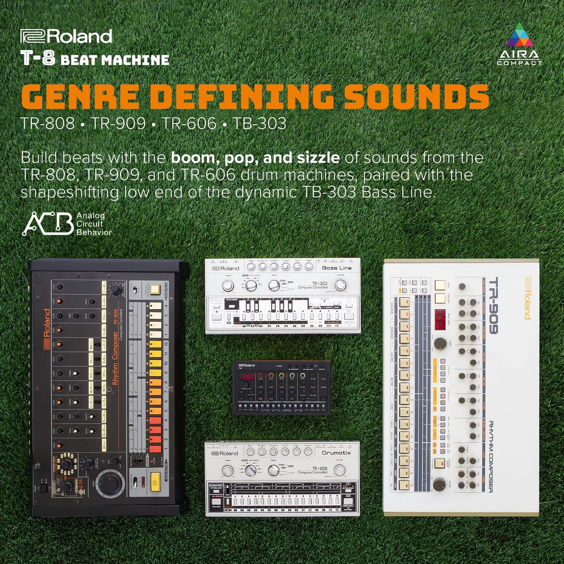 ROLAND AIRA Compact T-8 BEAT MACHINE | Máquina de ritmo y bajo ultraportátil con original Roland Sounds | Seis pistas rítmicas con sonidos de TR-808, TR-909 y TR-606, negras y naranjas